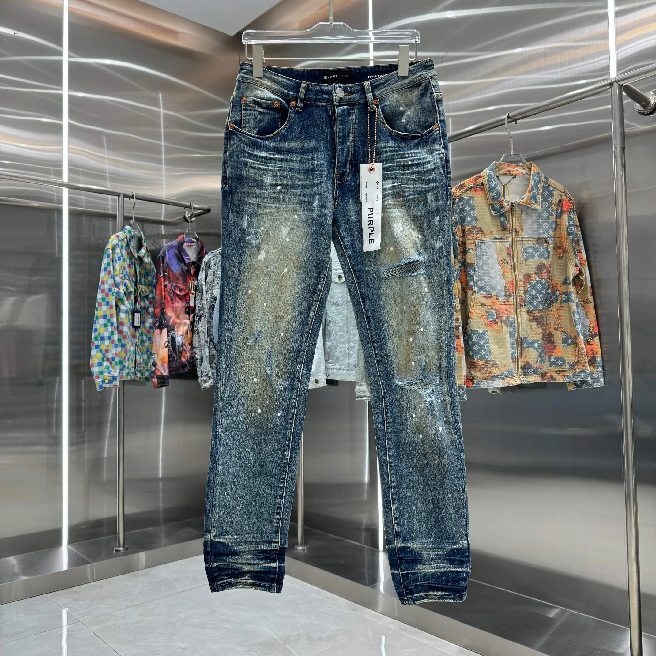 🅿️310 Purple Brand ripped graffiti craft street fashion slim fit stretch jeans color blue code number 30 32 34 36 38