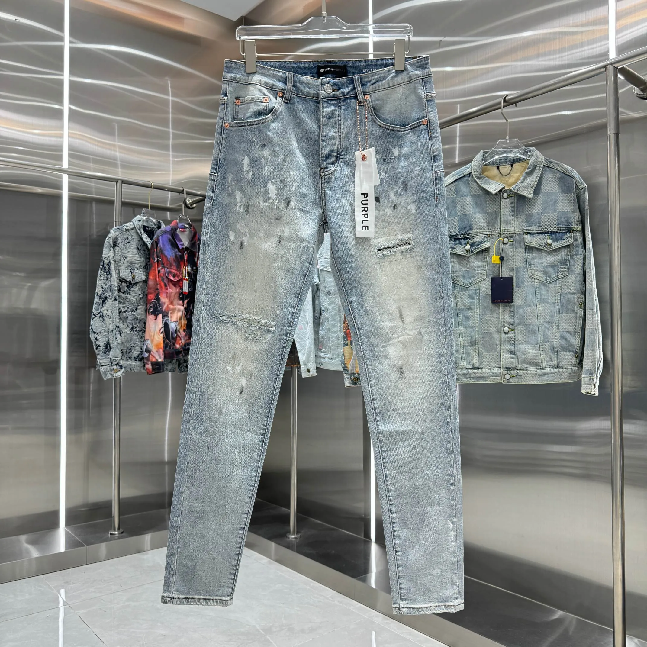 🅿️310 Purple Brand ripped graffiti craft street fashion slim fit stretch jeans color blue code number 30 32 34 36 38