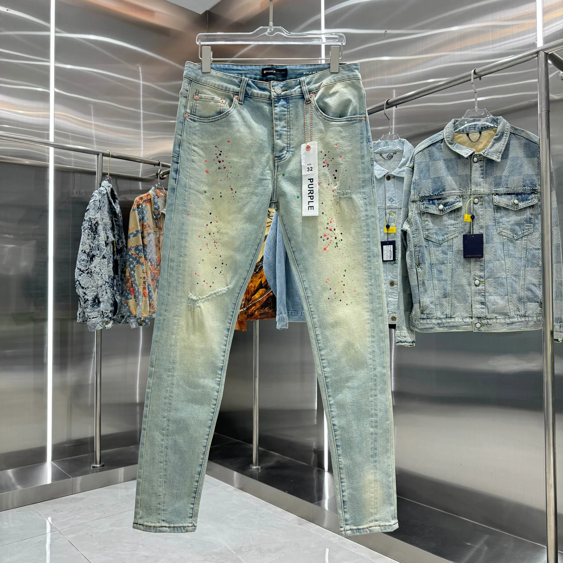 🅿️310 Purple Brand colorful graffiti ripped street fashion style slim fit stretch jeans color blue code number 30 32 34 36 38