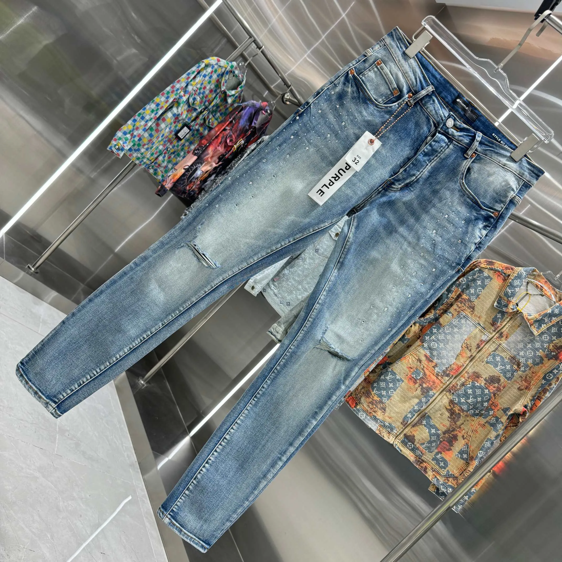 🅿️310 Purple Brand Hole Hot Drilling Street Fashion Slim Fit Stretch Jeans Color Blue Size 30 32 34 36 38