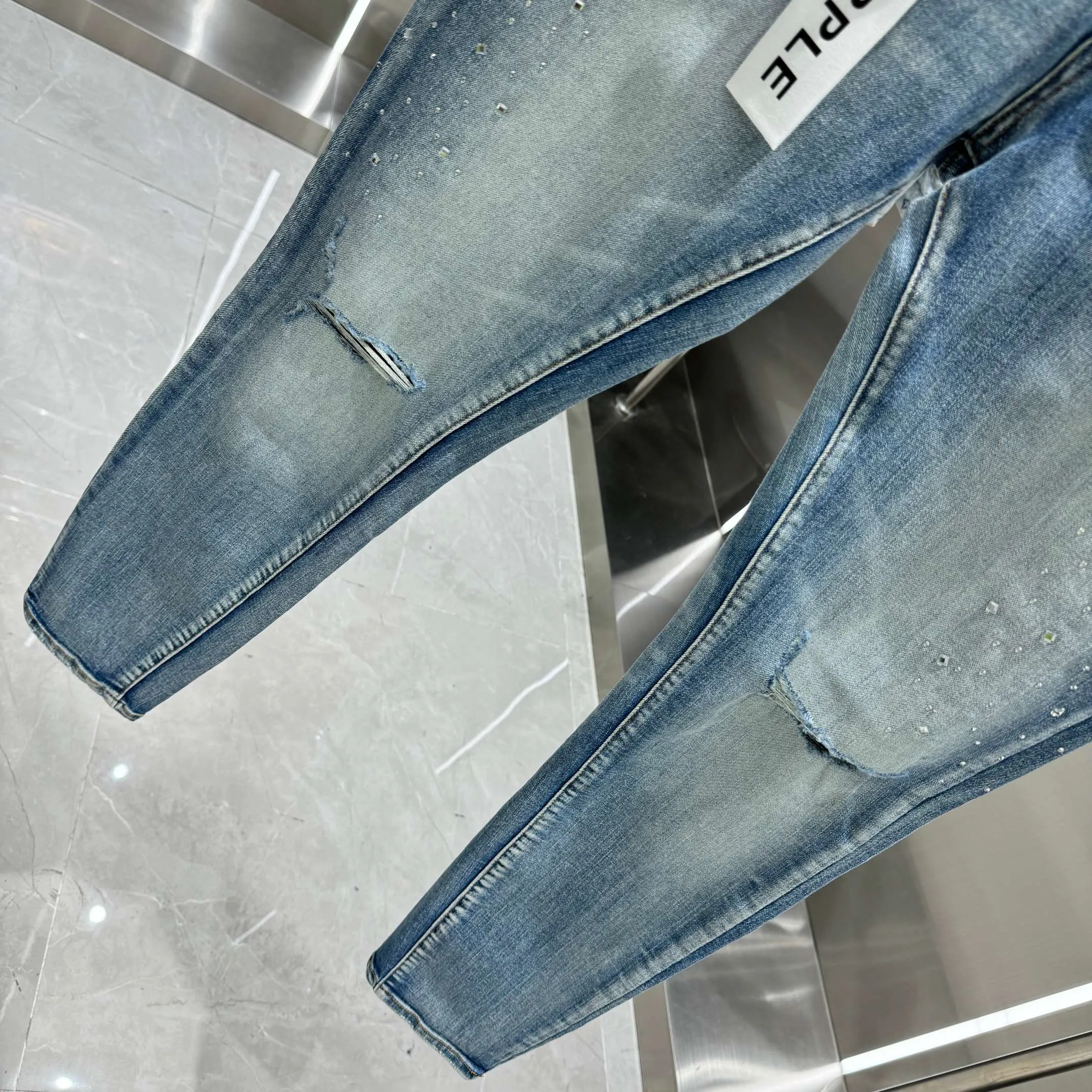 🅿️310 Purple Brand Hole Hot Drilling Street Fashion Slim Fit Stretch Jeans Color Blue Size 30 32 34 36 38