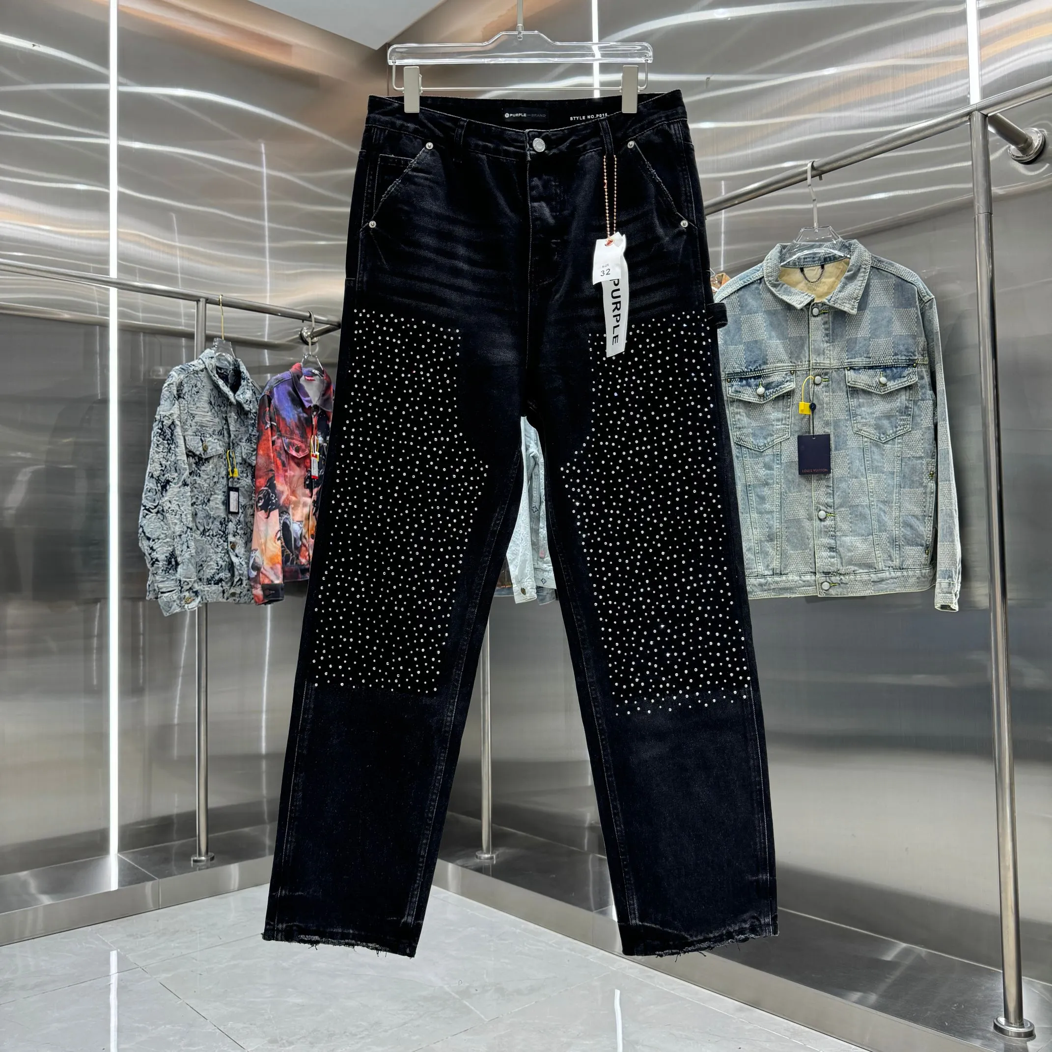 🅿️320 Purple Brand Hot Diamond Workwear Street Trend Loose Straight Jeans Color Black Size 30 32 34 36 38