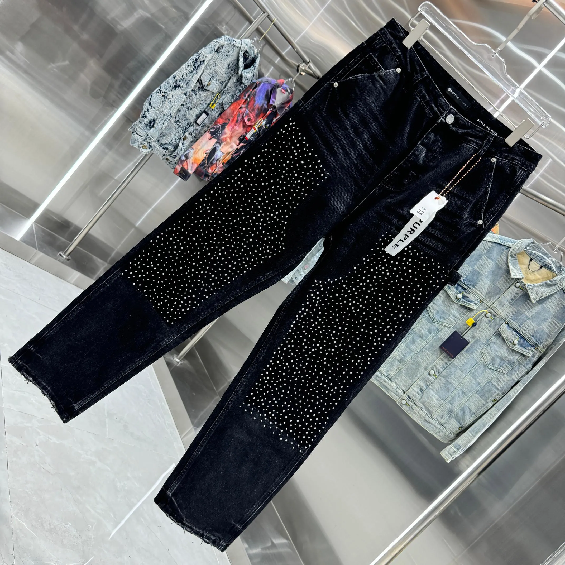 🅿️320 Purple Brand Hot Diamond Workwear Street Trend Loose Straight Jeans Color Black Size 30 32 34 36 38