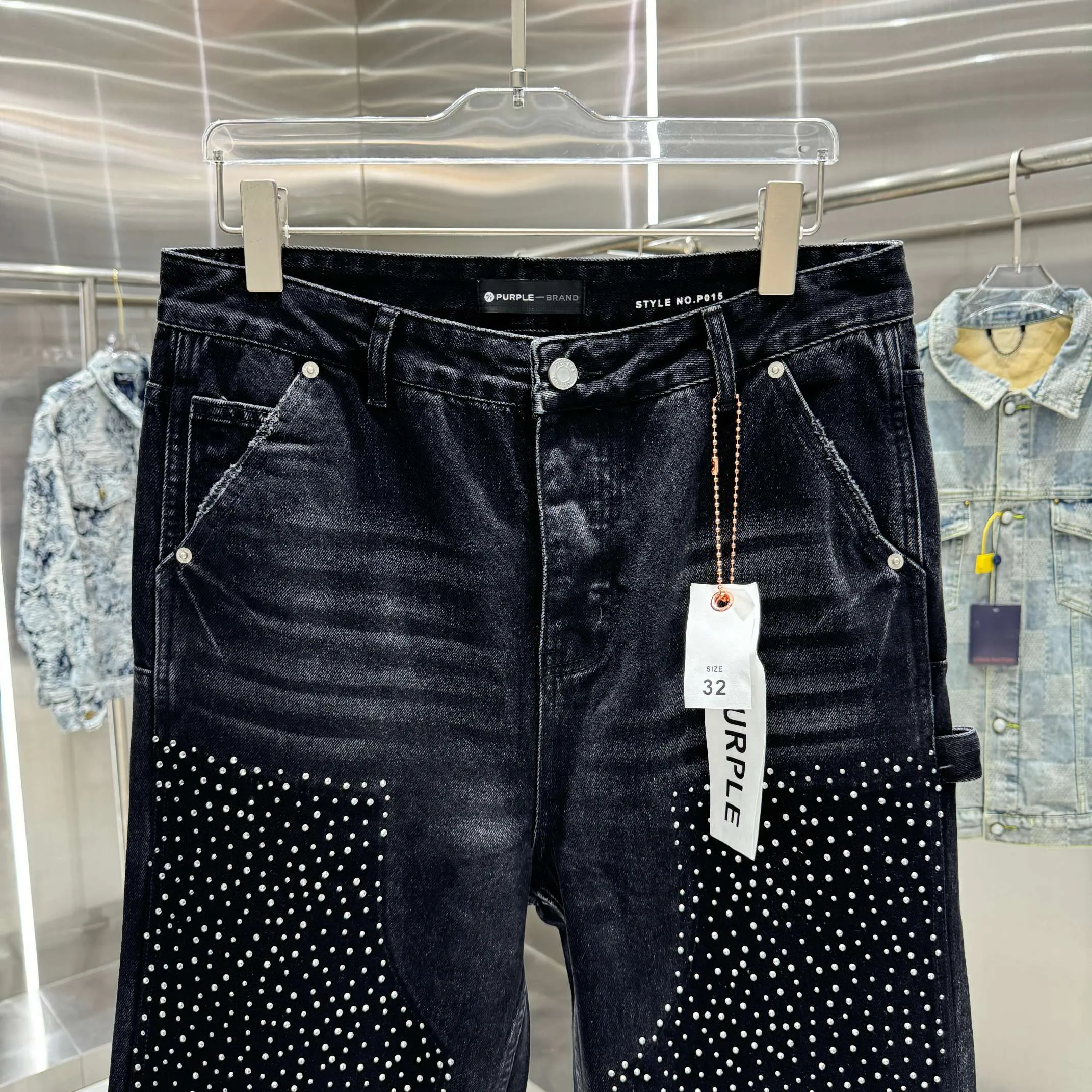 🅿️320 Purple Brand Hot Diamond Workwear Street Trend Loose Straight Jeans Color Black Size 30 32 34 36 38