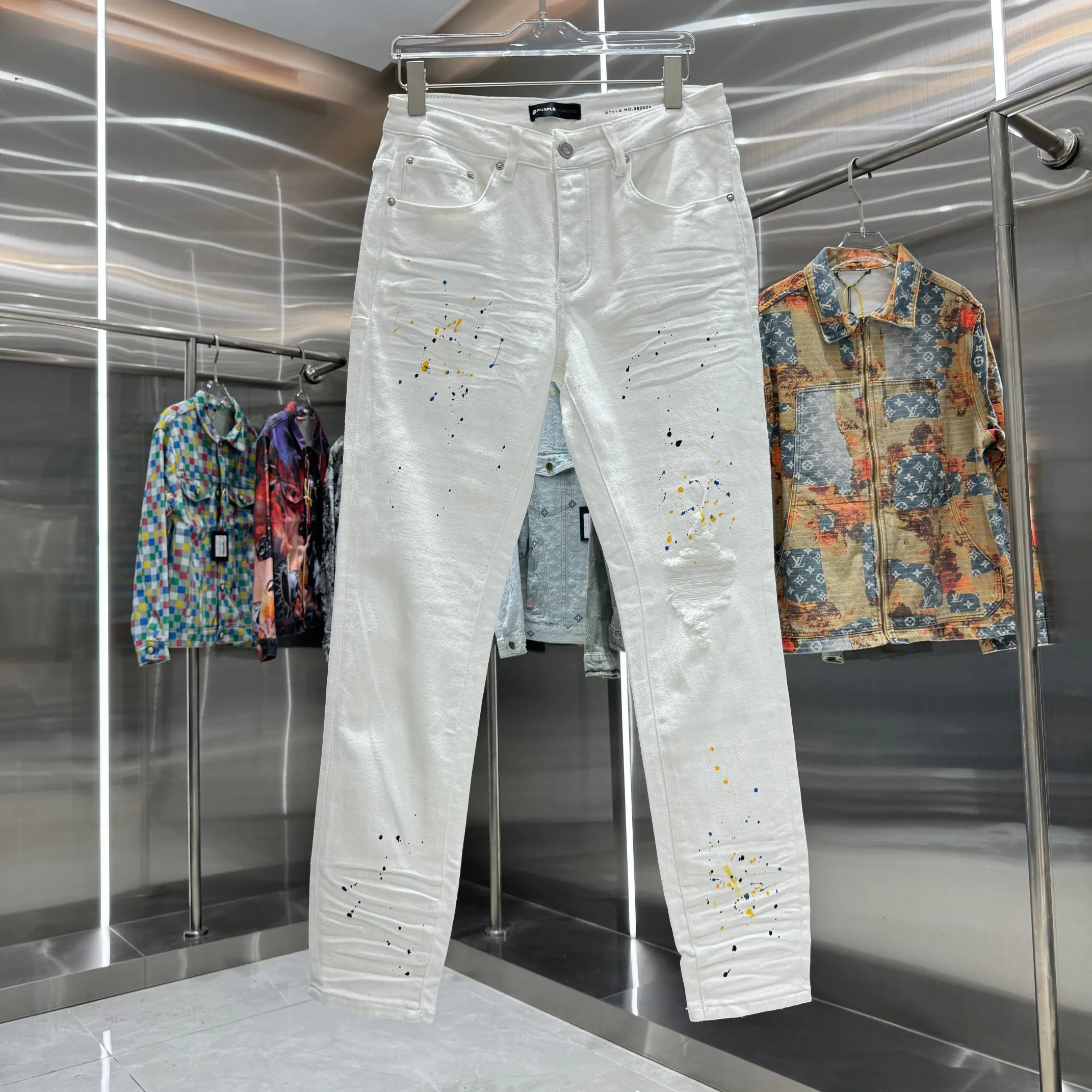 🅿️310 Purple Brand ripped graffiti craft street fashion slim fit stretch jeans color white code number 30 32 34 36 38