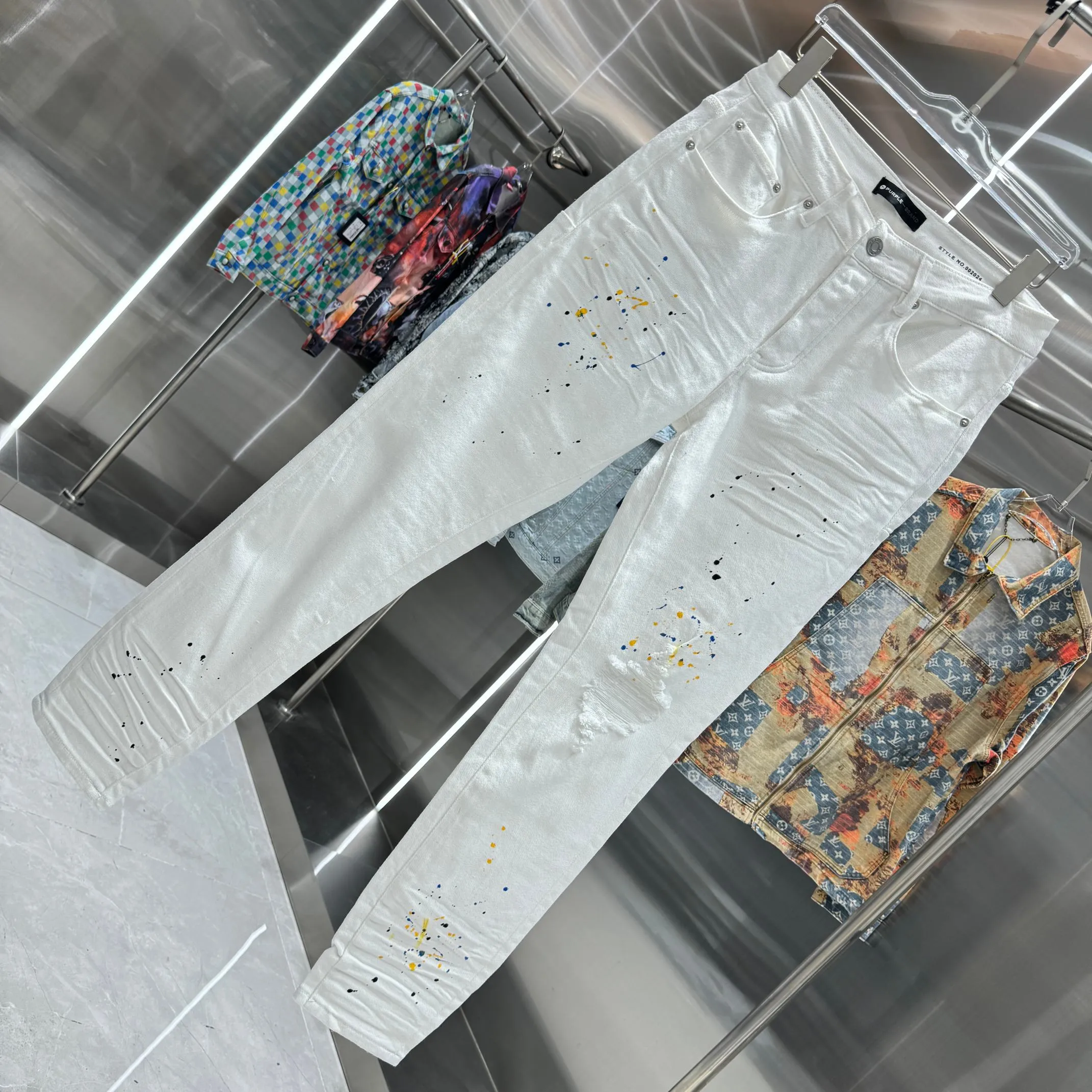 🅿️310 Purple Brand ripped graffiti craft street fashion slim fit stretch jeans color white code number 30 32 34 36 38