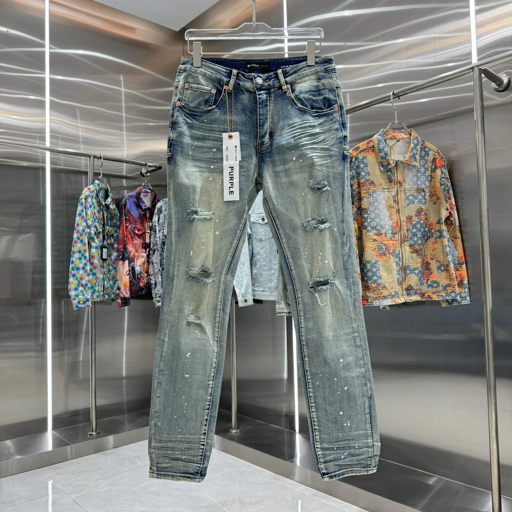 🅿️310 Purple Brand ripped graffiti craft street fashion slim fit stretch jeans color blue code number 30 32 34 36 38