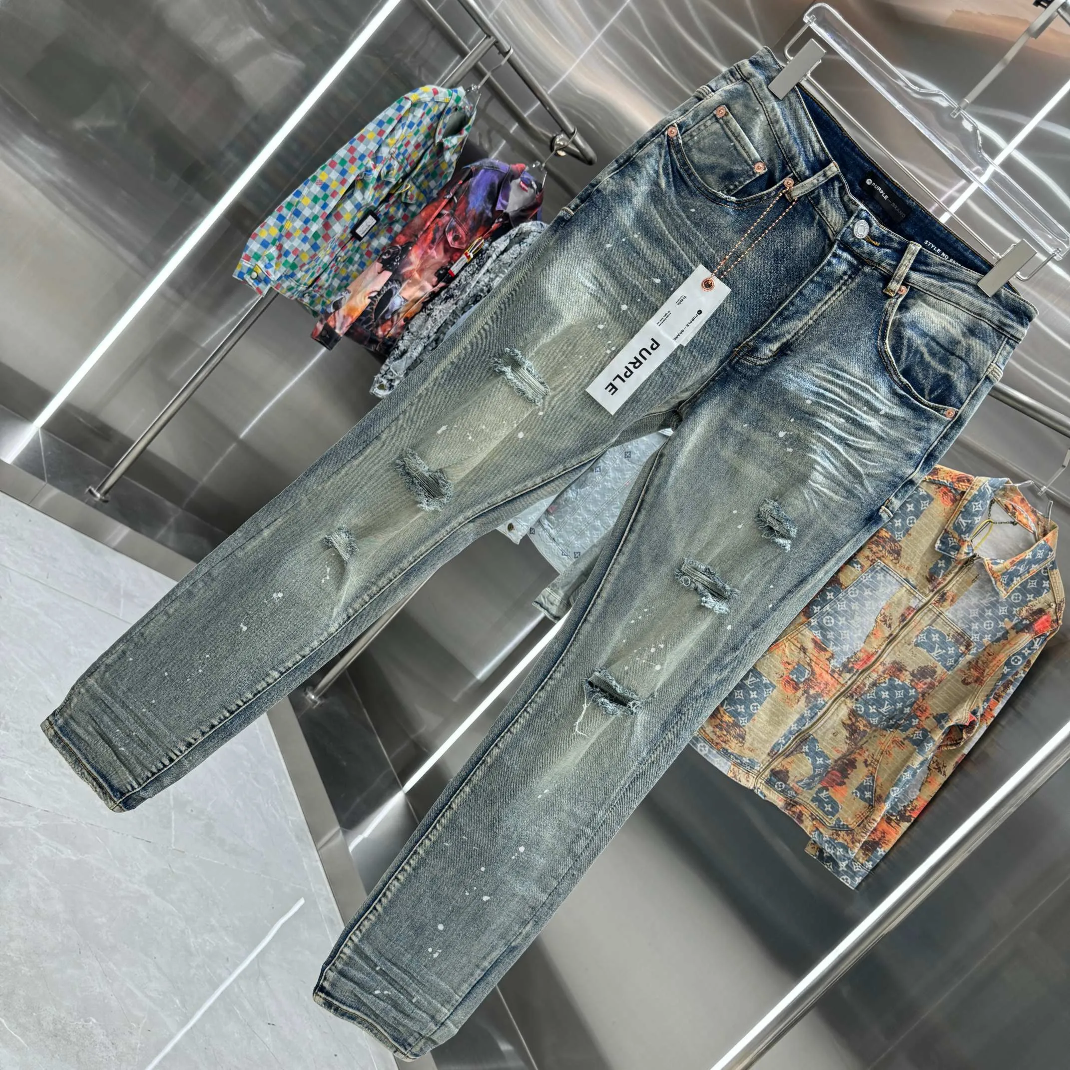 🅿️310 Purple Brand ripped graffiti craft street fashion slim fit stretch jeans color blue code number 30 32 34 36 38
