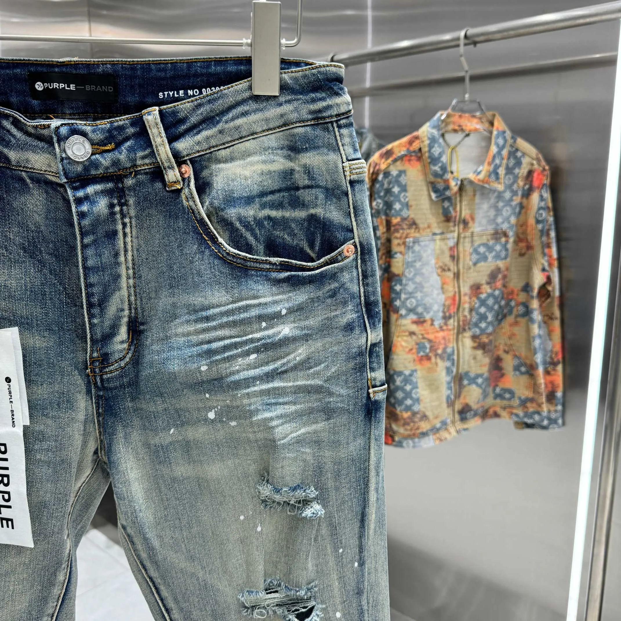🅿️310 Purple Brand ripped graffiti craft street fashion slim fit stretch jeans color blue code number 30 32 34 36 38