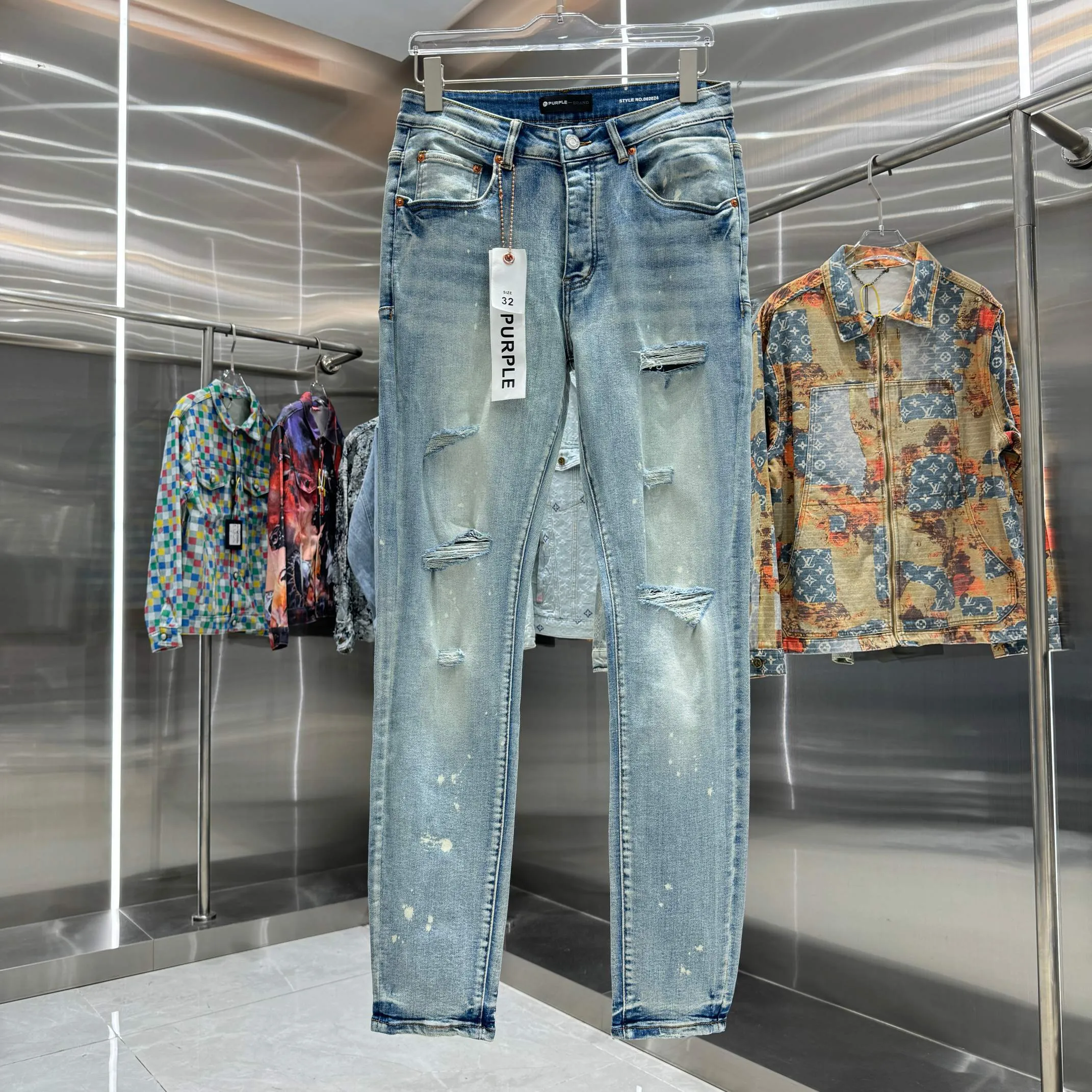 🅿️310 Purple Brand ripped graffiti craft street fashion slim fit stretch jeans color light blue size 30 32 34 36 38