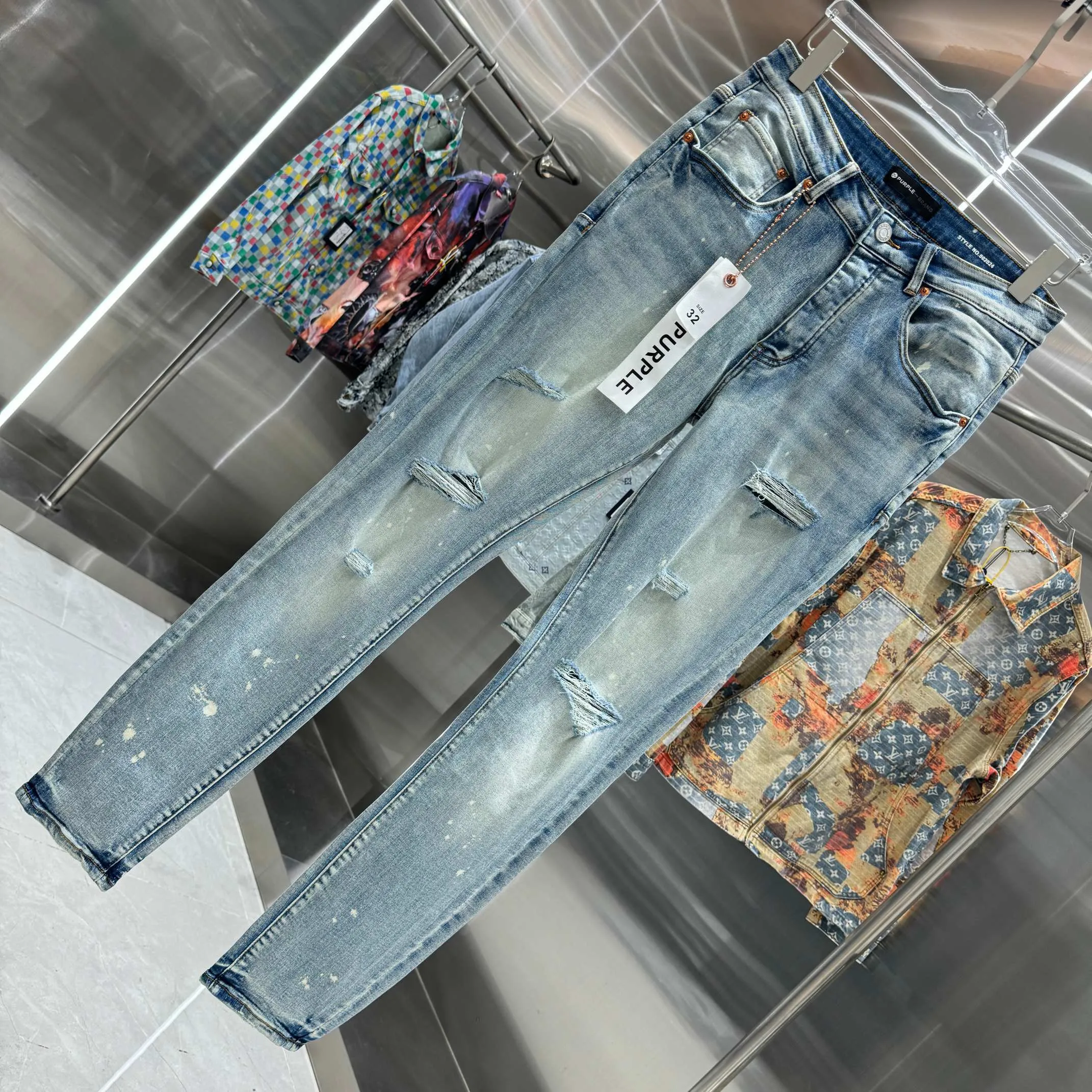 🅿️310 Purple Brand ripped graffiti craft street fashion slim fit stretch jeans color light blue size 30 32 34 36 38