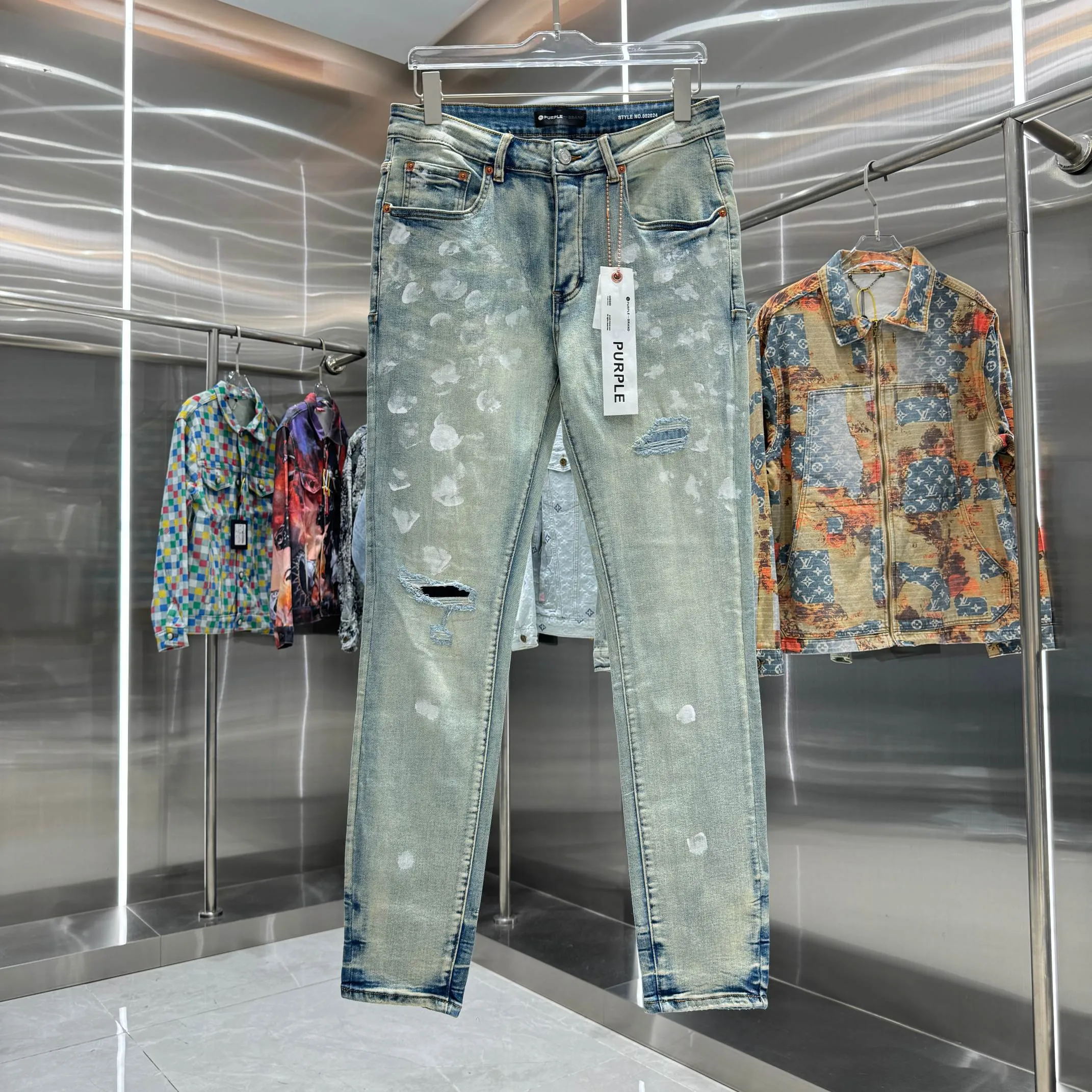 🅿️310 Purple Brand ripped graffiti craft street fashion slim fit stretch jeans color blue code number 30 32 34 36 38