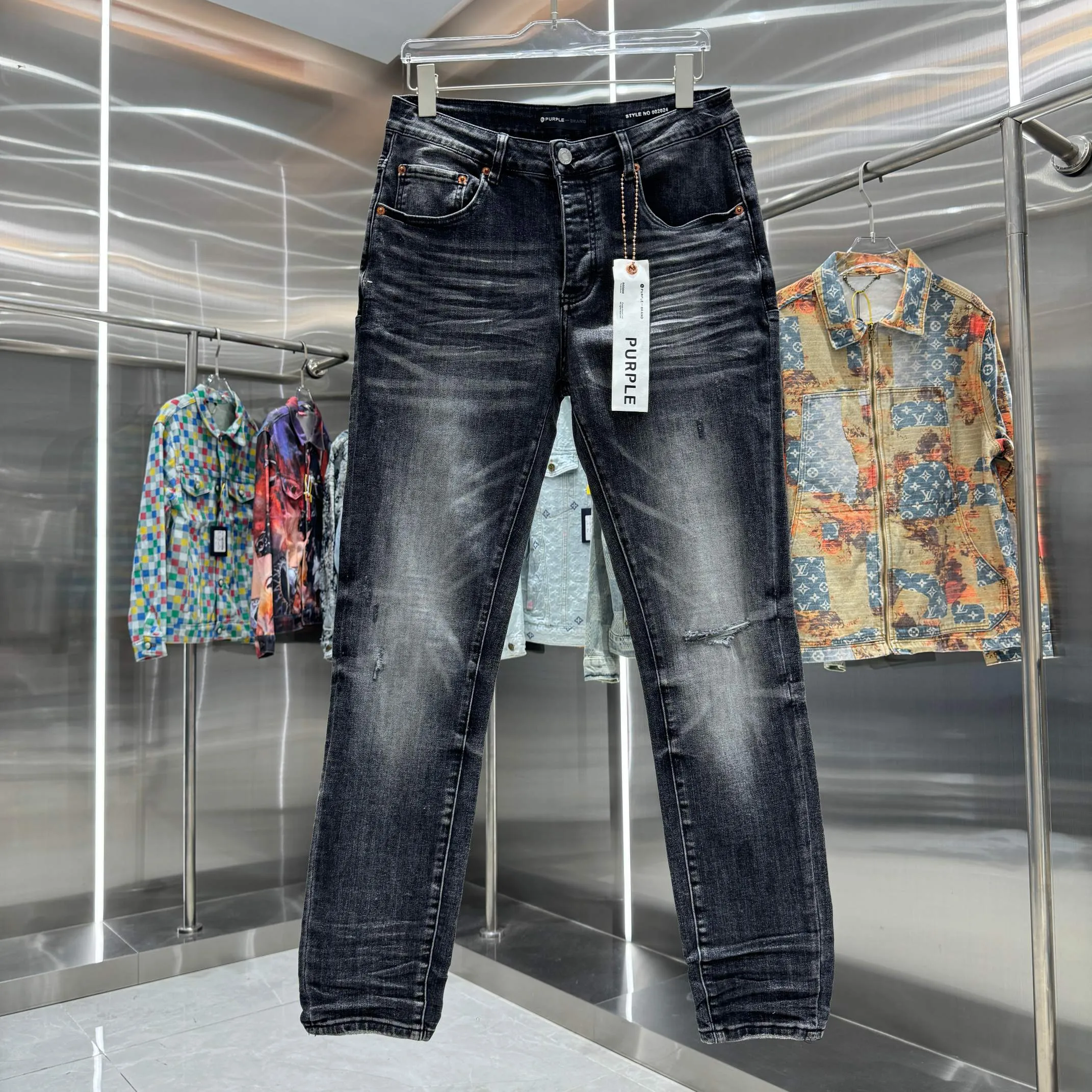 🅿️310 Purple Brand Washed Distressed Street Fashion Slim Fit Small Foot Stretch Jeans Color Black Size 30 32 34 36 38