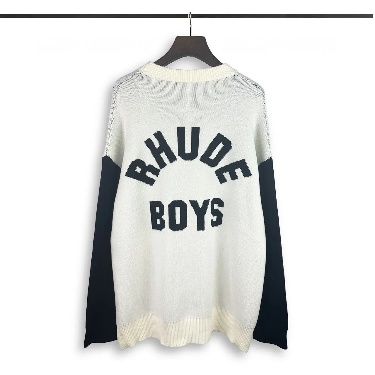P240 Rhude new simple white printed letter splicing round neck pullover long-sleeved sweater Color: black and white Size: M L XL XXL