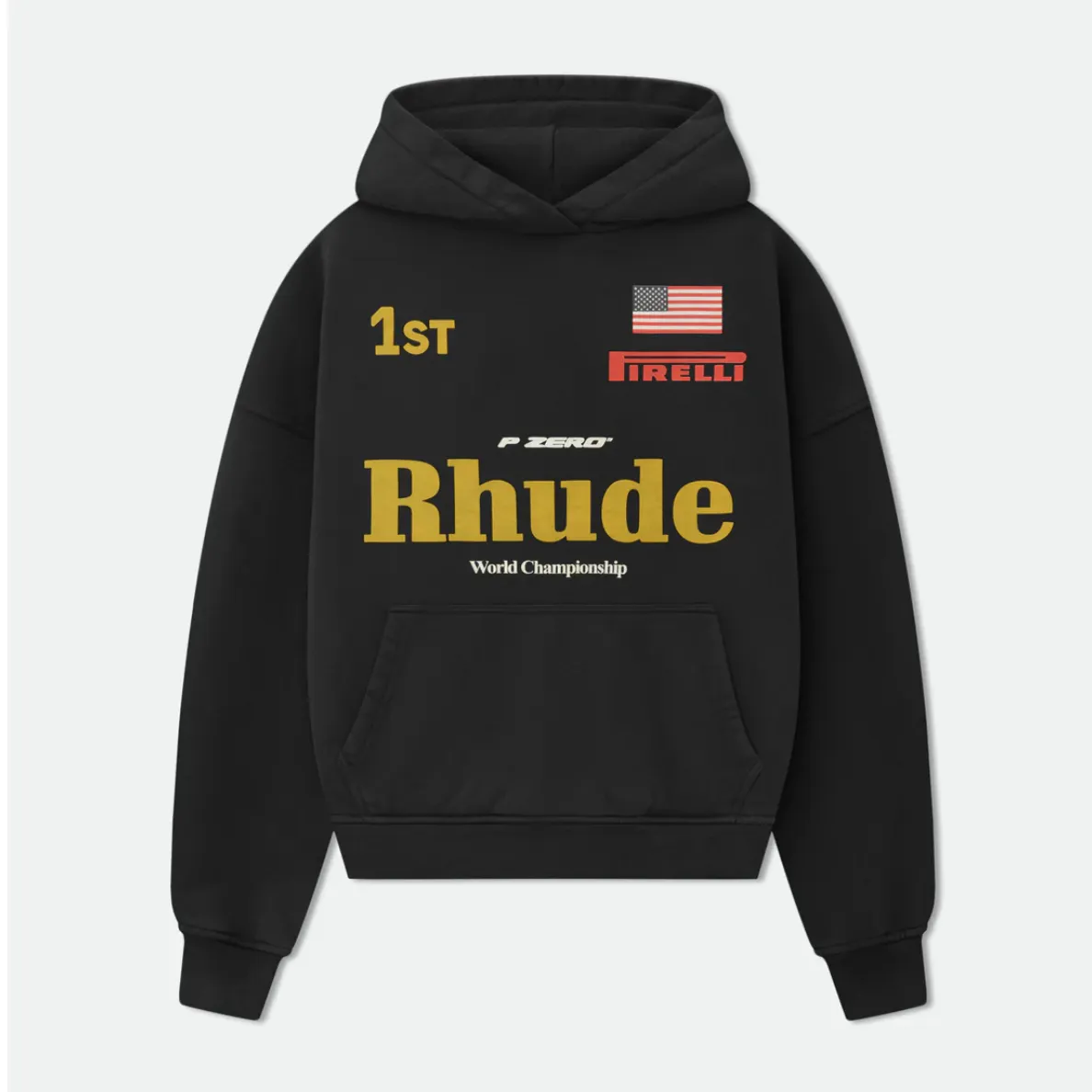 Style number: 8888 P246 RHUDE × PIRELLI Burning Aesthetics New Hooded Sweatshirt When the speed language of racing enters the fashion context, the cooperation between RHUDE and PIRELLI has become a precise and restrained cultural injection. 	 Suede printing process + using pure cotton terry brushed process fabric 450 grams, heavy upper body three-dimensional fluffy Size: (S-M-L-XL) Color: black