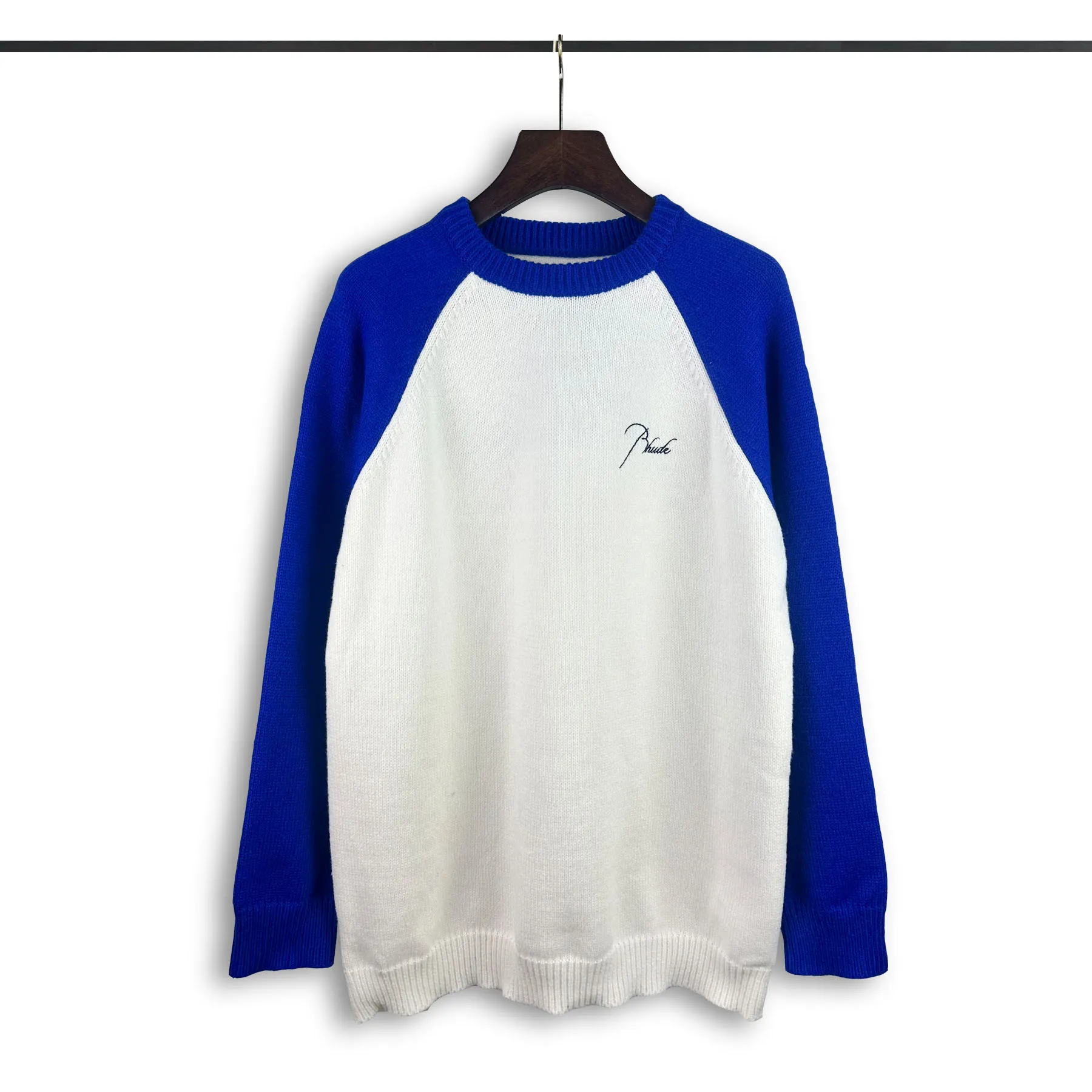 P240 Rhude new embroidered patchwork contrasting color loose sweater Color: blue and white brown and white Size: M L XL XXL
