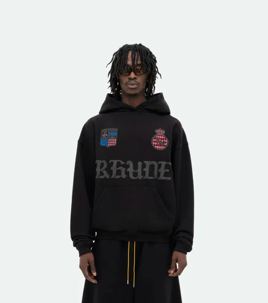 Style No.: 8887 P246 RHUDE New American high street men's and women's street fashion loose hooded sweatshirt. Foam printing technology + using pure cotton terry brushed technology fabric 450 grams. Heavy upper body three-dimensional fluffy size: (S-M-L-XL) Color: black