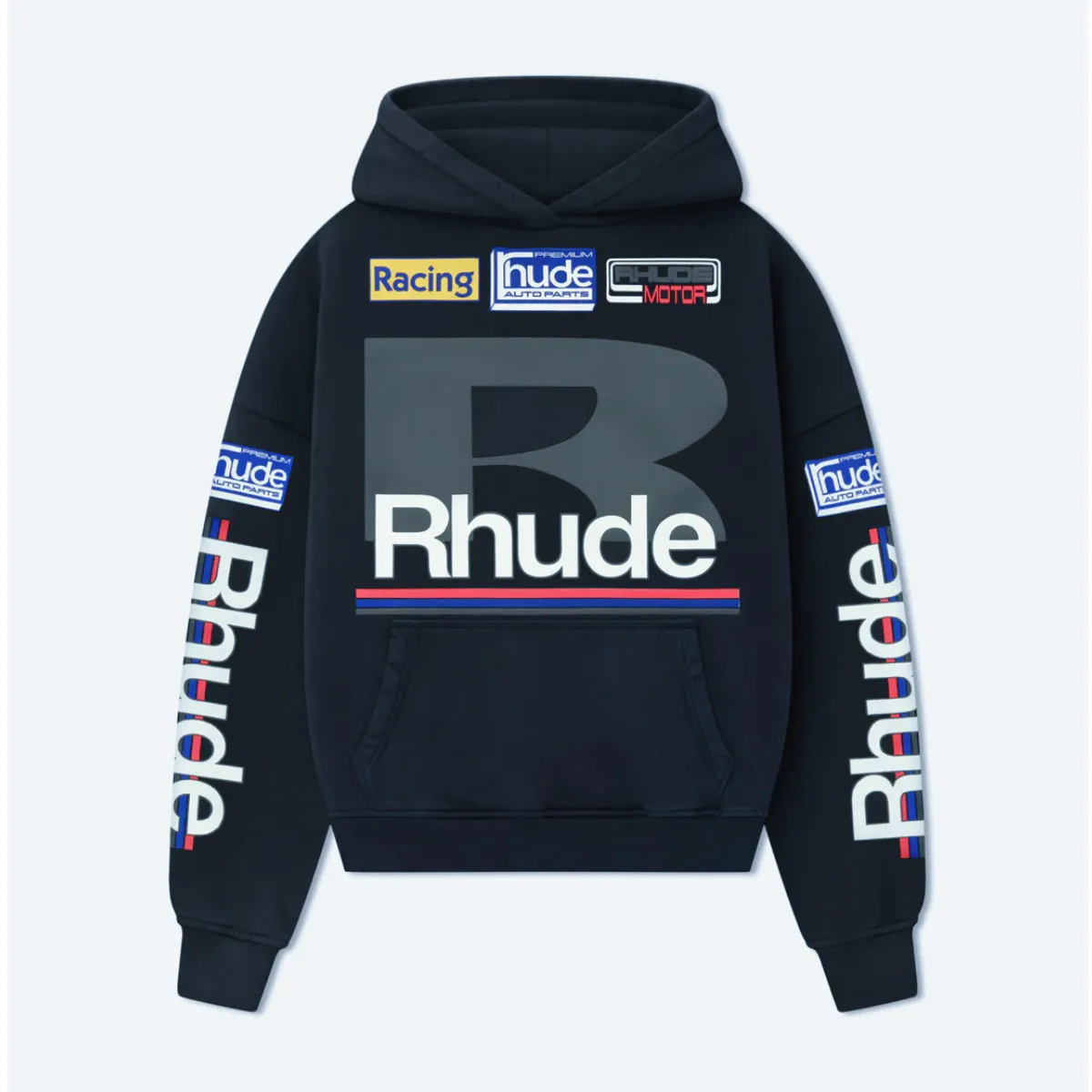 Style No.: 8889 P266 RHUDE New American racing 🏎️ style sweatshirt, high street loose washed hooded sweatshirt for men and women, multi-color suede foam printing process + using pure cotton washed terry brushed process fabric 450g, heavy upper body three-dimensional fluffy Size: (S-M-L-XL) Color: washed navy blue