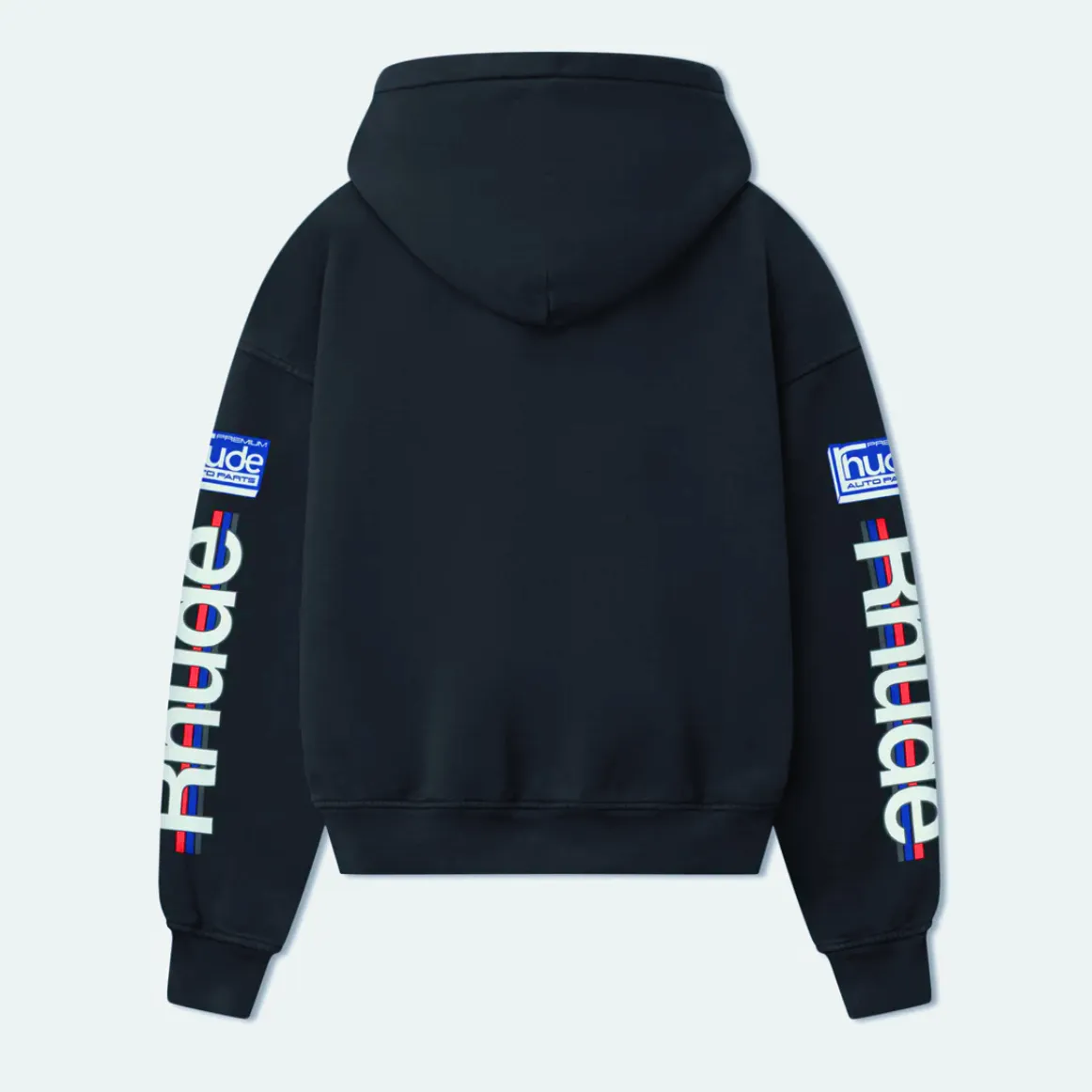 Style No.: 8889 P266 RHUDE New American racing 🏎️ style sweatshirt, high street loose washed hooded sweatshirt for men and women, multi-color suede foam printing process + using pure cotton washed terry brushed process fabric 450g, heavy upper body three-dimensional fluffy Size: (S-M-L-XL) Color: washed navy blue