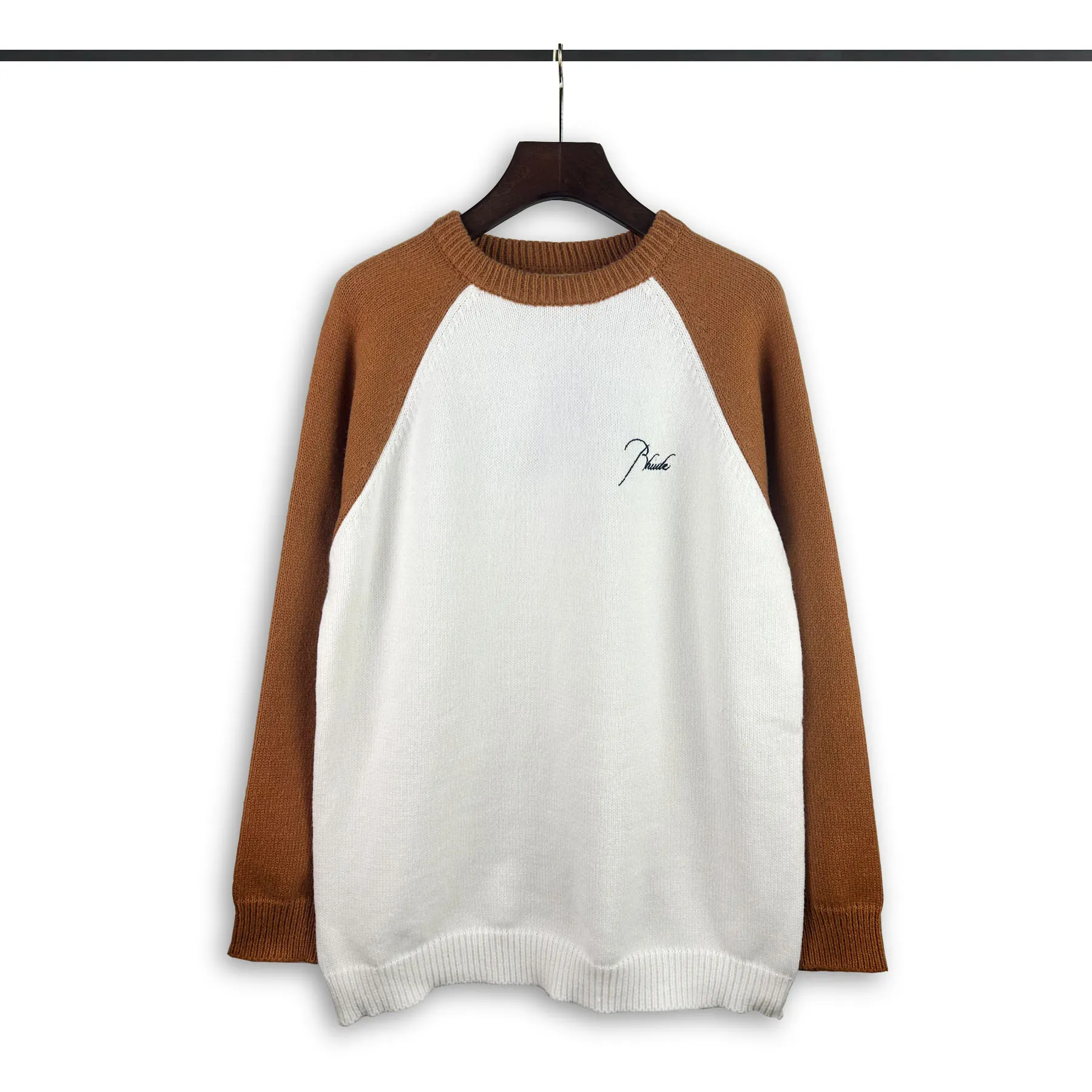 P240 Rhude new embroidered patchwork contrasting color loose sweater Color: blue and white brown and white Size: M L XL XXL