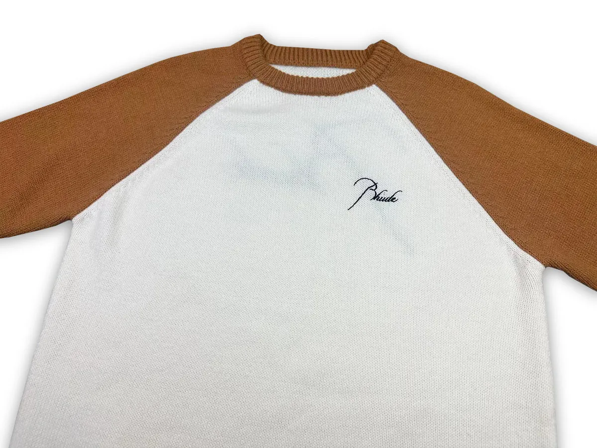 P240 Rhude new embroidered patchwork contrasting color loose sweater Color: blue and white brown and white Size: M L XL XXL