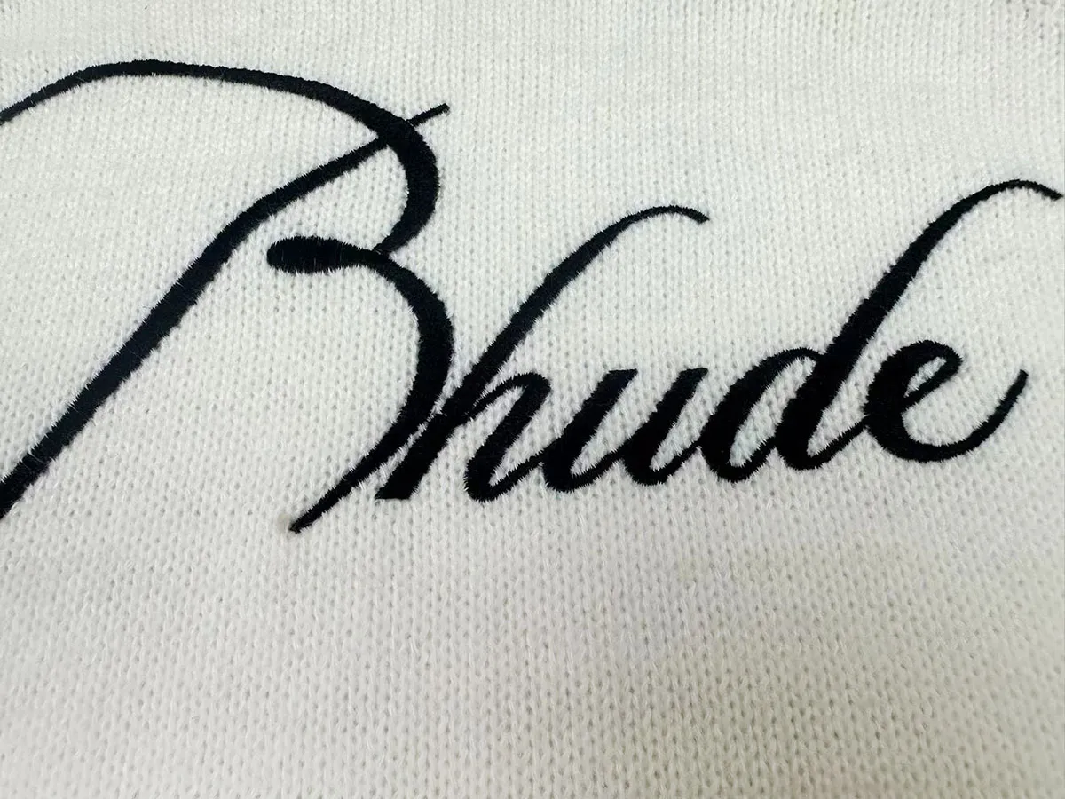 P240 Rhude new embroidered patchwork contrasting color loose sweater Color: blue and white brown and white Size: M L XL XXL