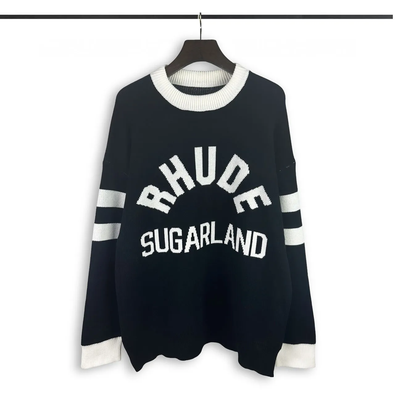 P250 Rhude new contrasting jacquard letter crew neck sweater Color: black and white green Size: M L XL XXL