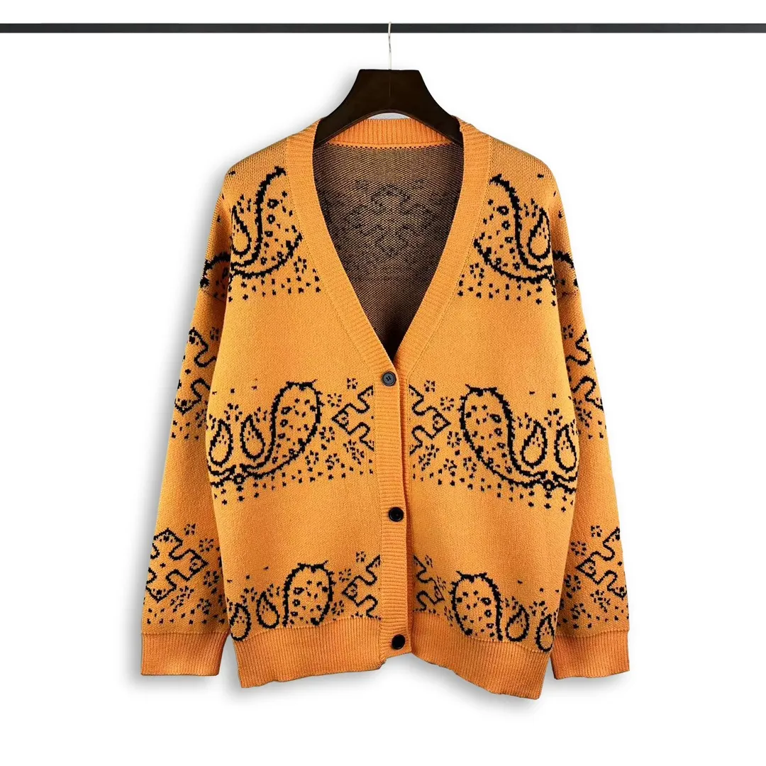 P370 Rhude beautiful cashew flower jacquard cardigan sweater Color: yellow red Size: M L XL XXL