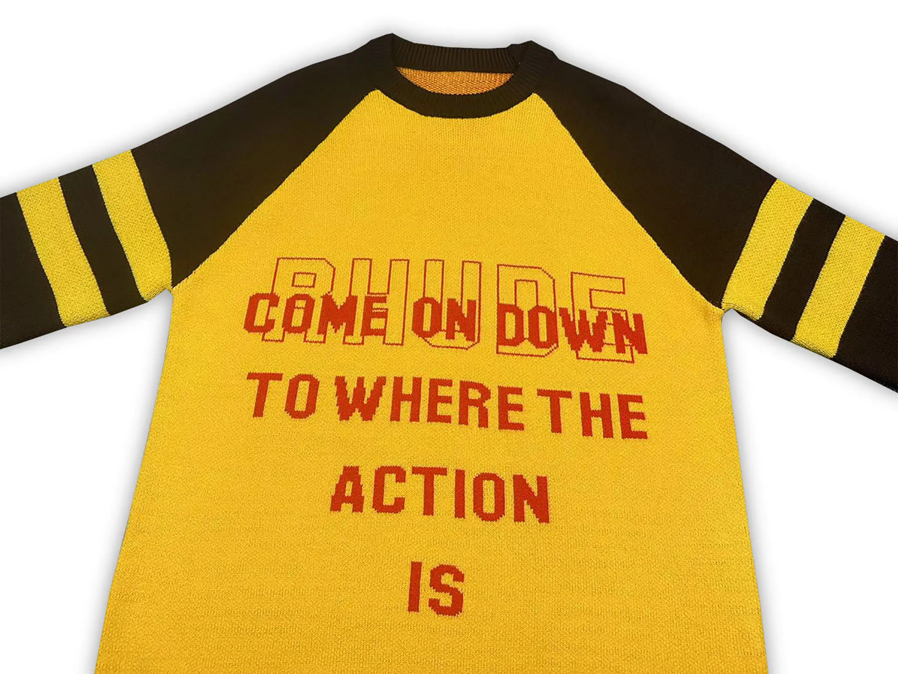 P240 Rhude new raglan sleeves contrasting printed letter crew neck sweater Color: yellow and black Size: M L XL XXL