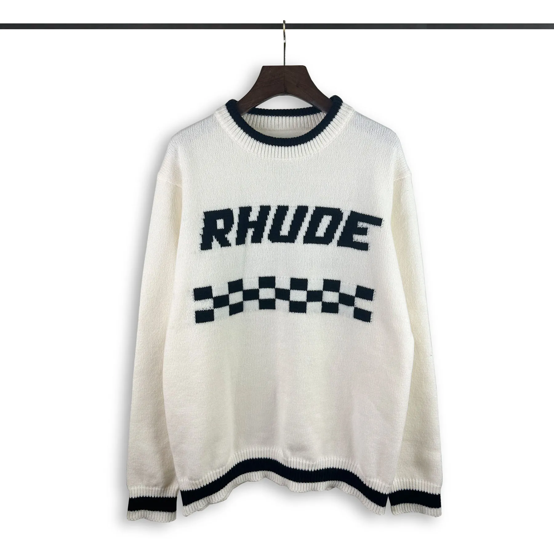 P240 Rhude new racing track jacquard crew neck sweater Color: Khaki White Size: M L XL XXL