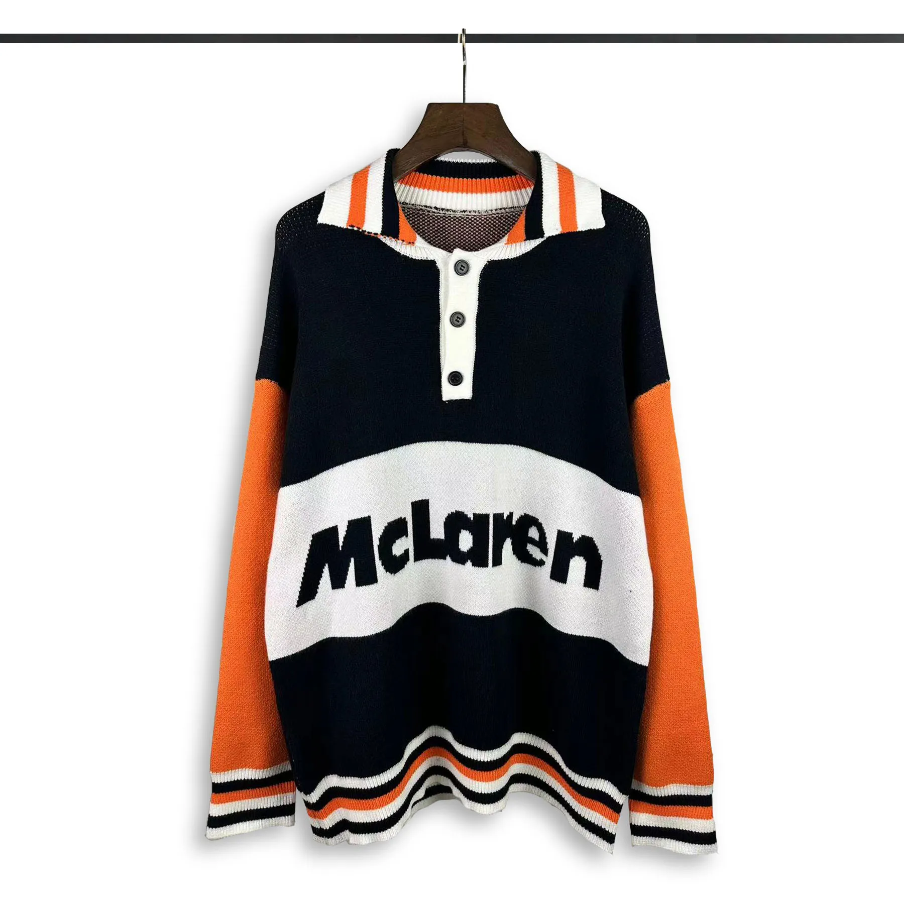 P300 Rhude new striped retro polo collar letter jacquard sweater Size: M L XL XXL