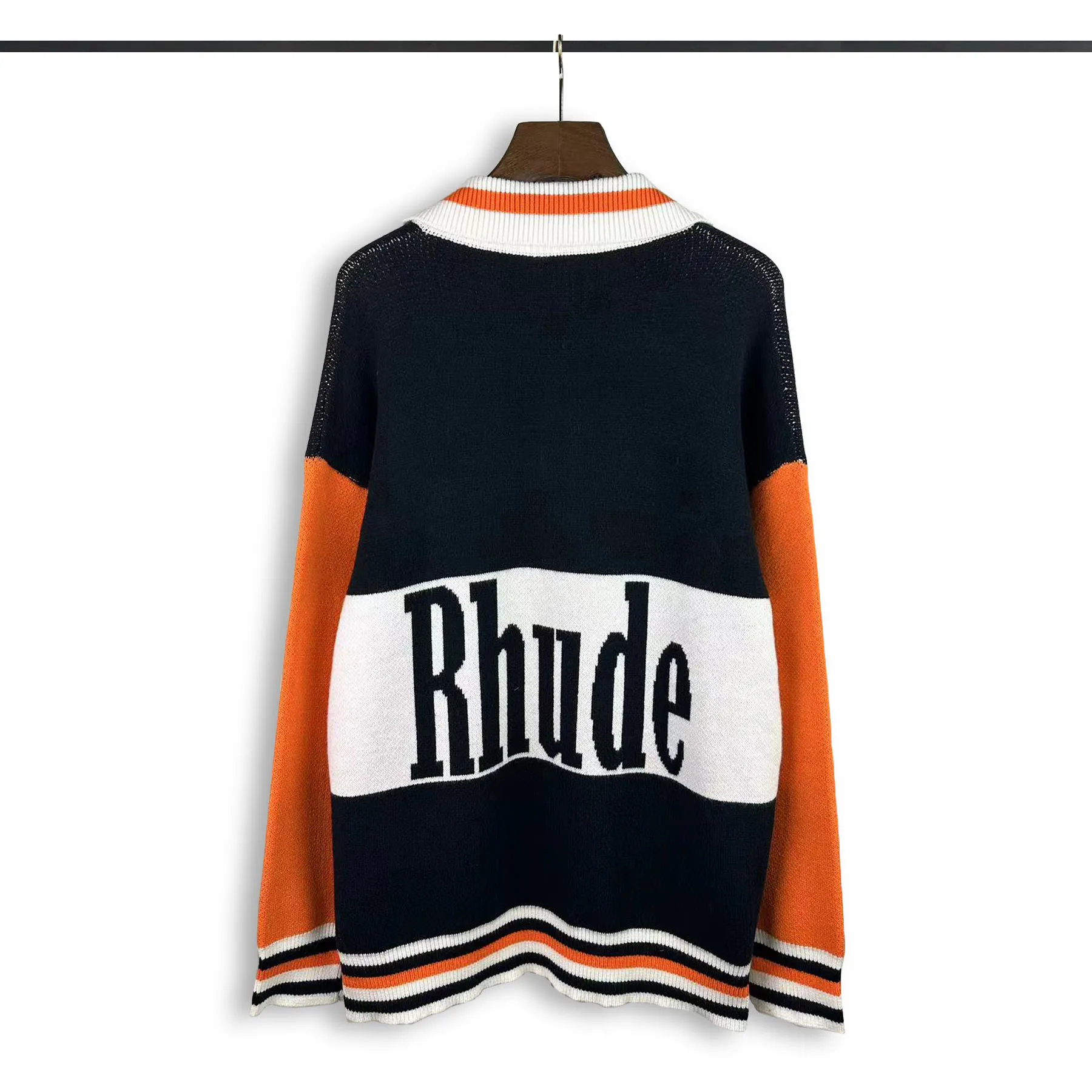 P300 Rhude new striped retro polo collar letter jacquard sweater Size: M L XL XXL