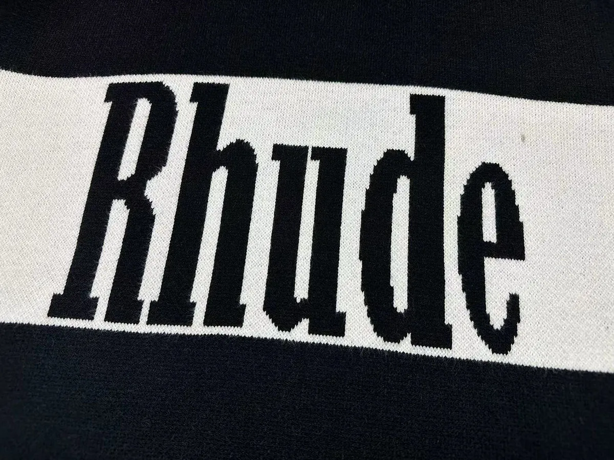 P300 Rhude new striped retro polo collar letter jacquard sweater Size: M L XL XXL