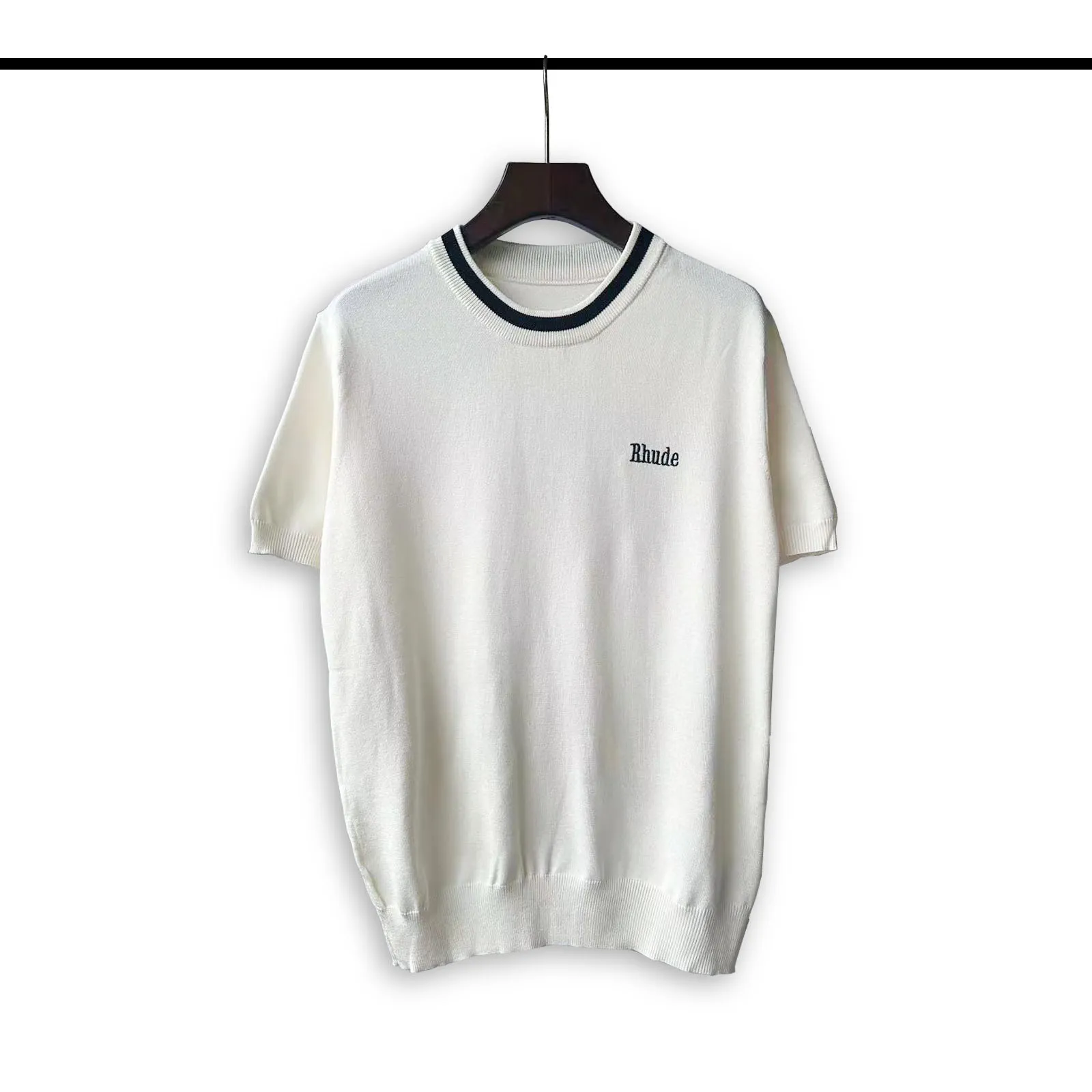 P190 Rhude 24 spring and summer new classic round neck letter embroidered knitted short sleeves Color: White Black Size: M L XL XXL