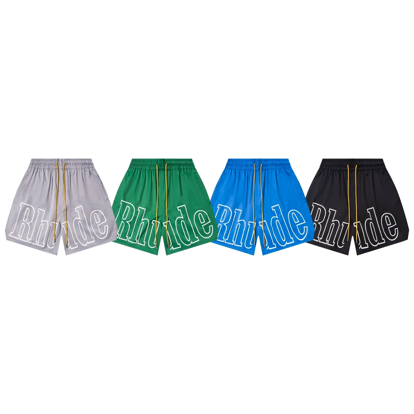 809#P150 Rhude American trendy brand quick-drying beach pants elastic waist shorts letter printed trendy lining mesh men's loose sports pants Color: Black Gray Green Blue Fabric: 150g nylon 100% polyester Size: S M L XL