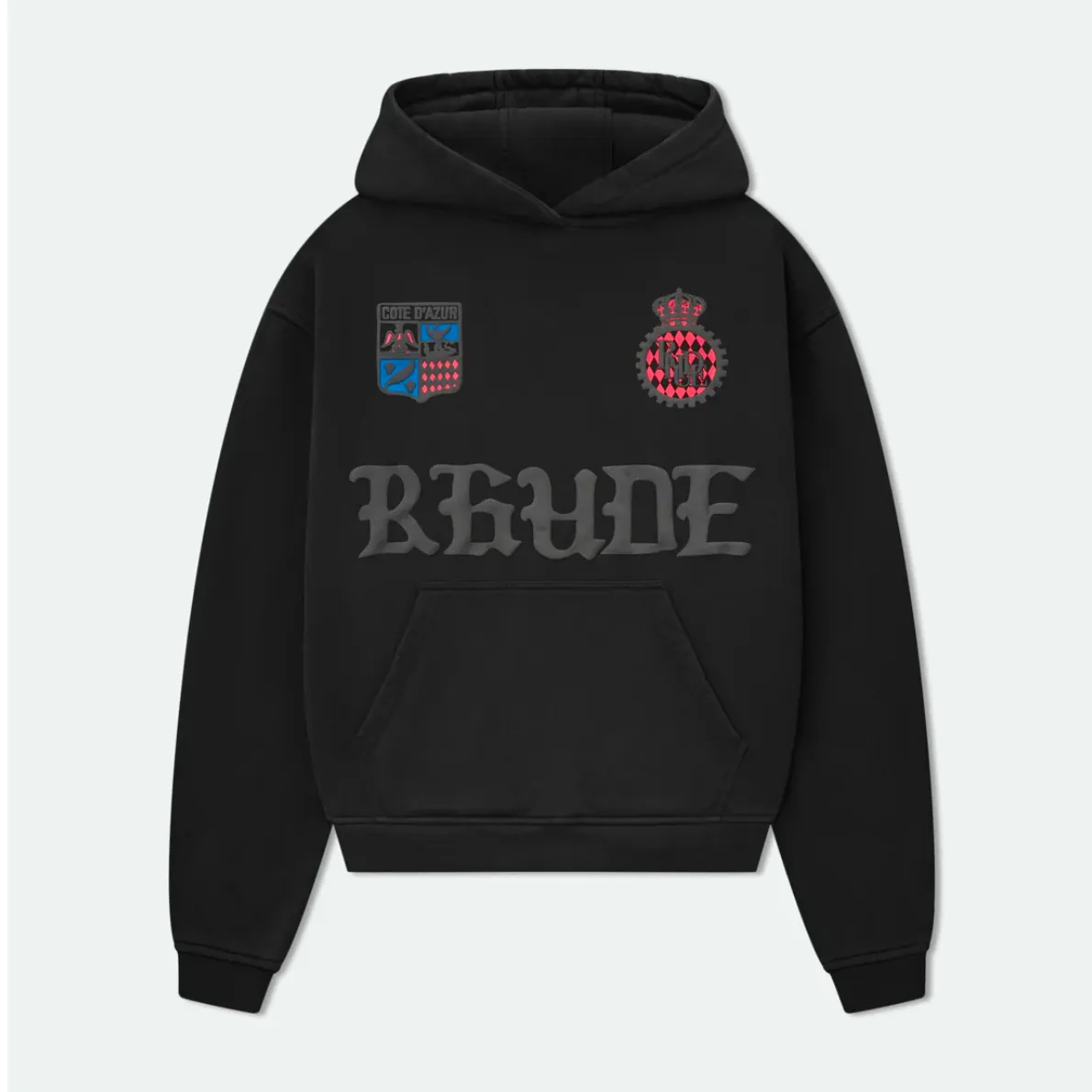 Style No.: 8887 P246 RHUDE New American high street men's and women's street fashion loose hooded sweatshirt. Foam printing technology + using pure cotton terry brushed technology fabric 450 grams. Heavy upper body three-dimensional fluffy size: (S-M-L-XL) Color: black