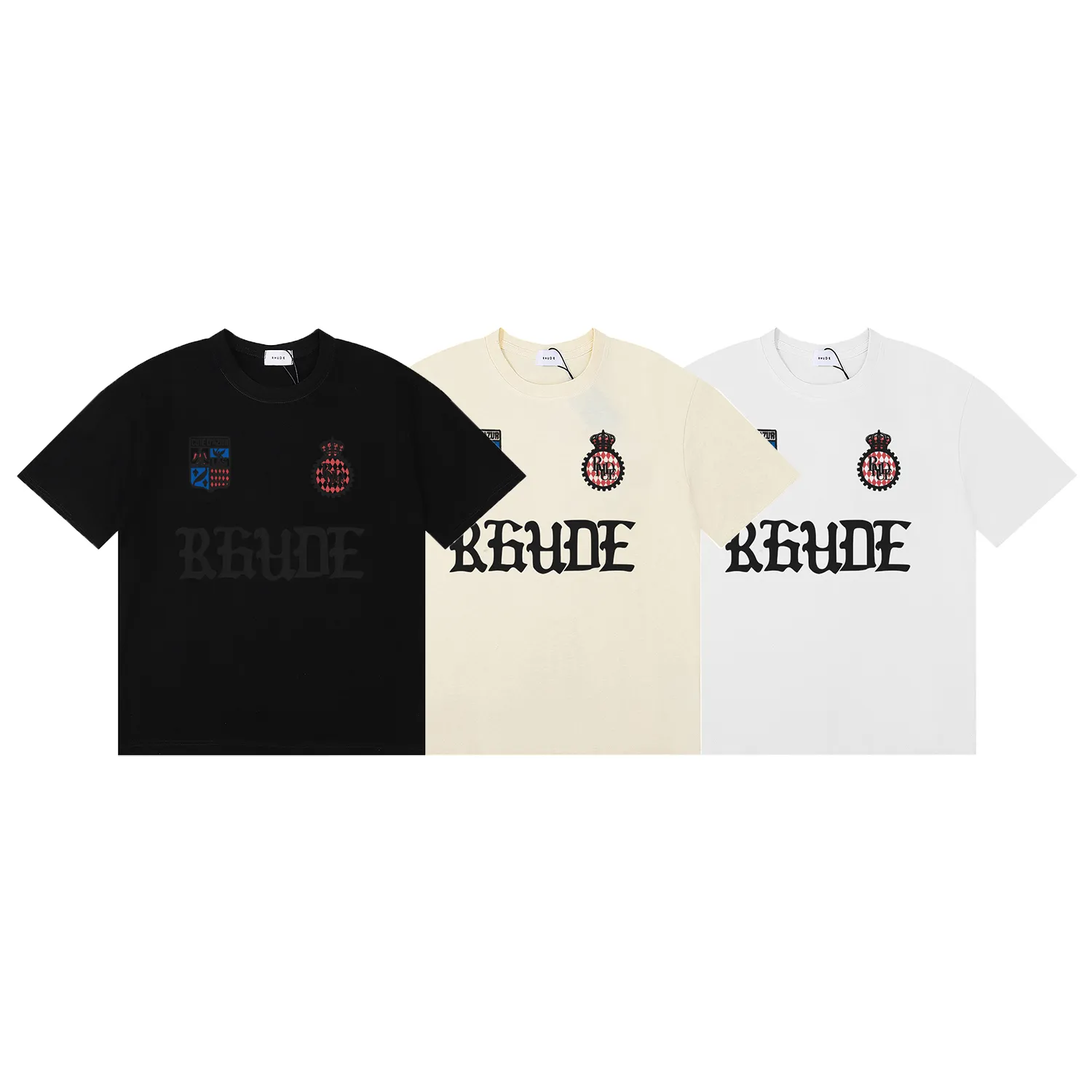 P114 No. 50181, American trendy Rhude gothic letter badge printed high weight double yarn pure cotton casual round neck short-sleeved T-shirt Color: black, white, apricot Size: S M L XL