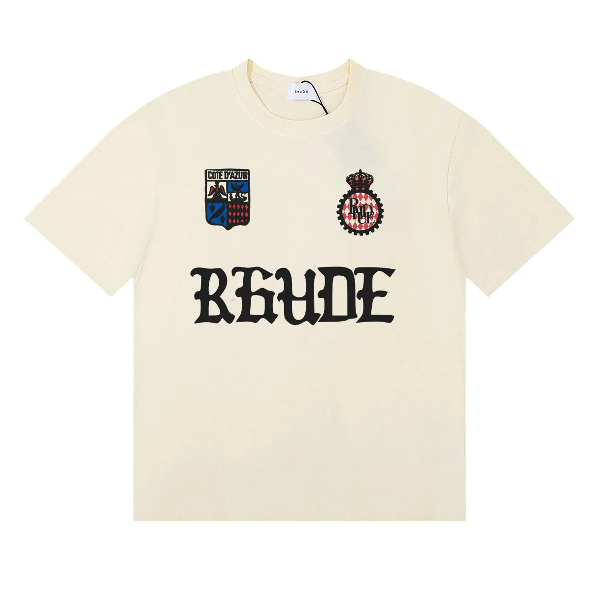 P114 No. 50181, American trendy Rhude gothic letter badge printed high weight double yarn pure cotton casual round neck short-sleeved T-shirt Color: black, white, apricot Size: S M L XL