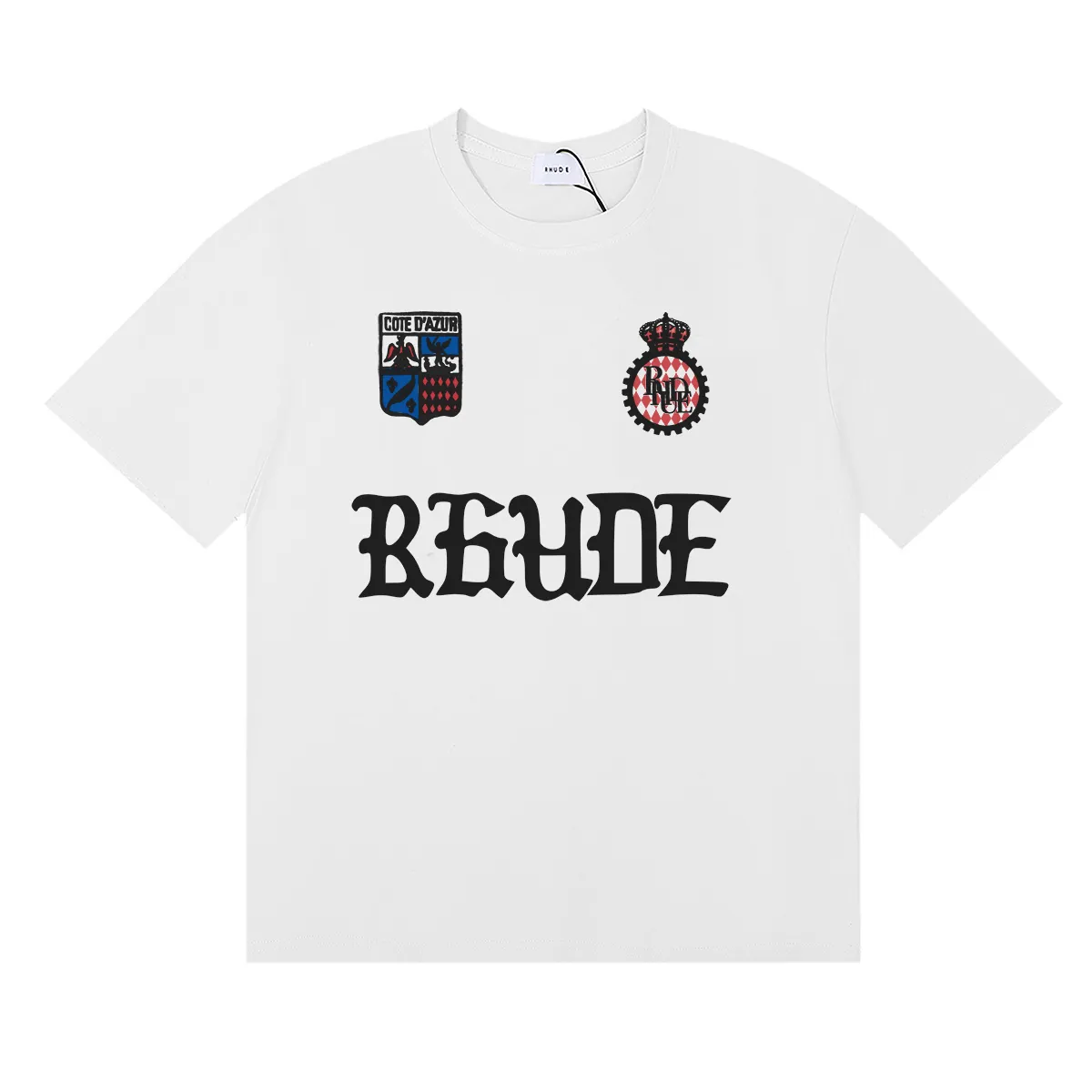 P114 No. 50181, American trendy Rhude gothic letter badge printed high weight double yarn pure cotton casual round neck short-sleeved T-shirt Color: black, white, apricot Size: S M L XL