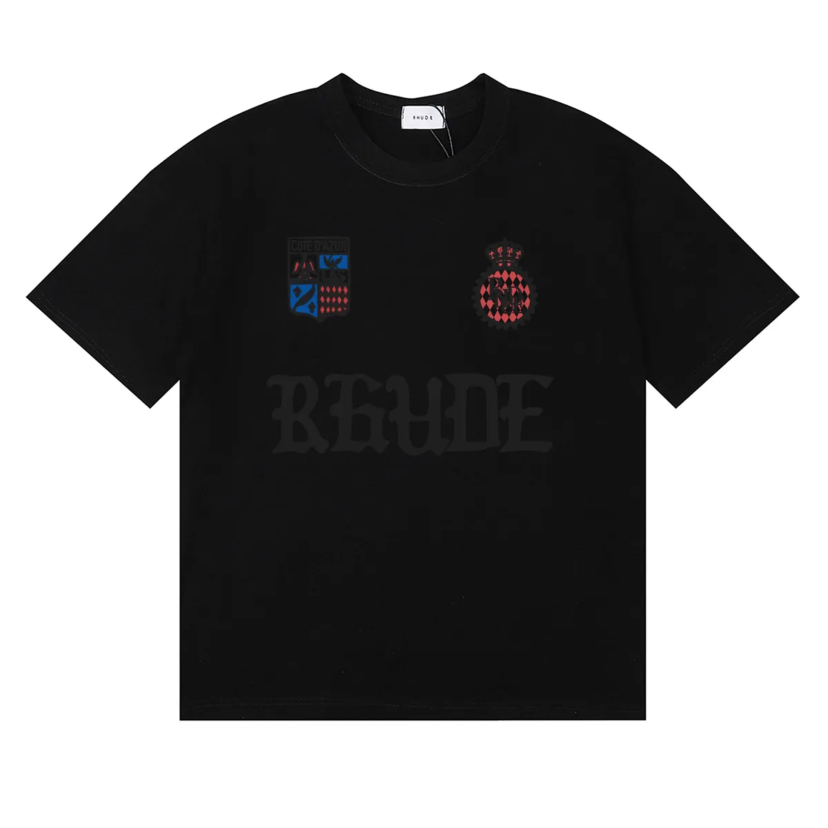 P114 No. 50181, American trendy Rhude gothic letter badge printed high weight double yarn pure cotton casual round neck short-sleeved T-shirt Color: black, white, apricot Size: S M L XL