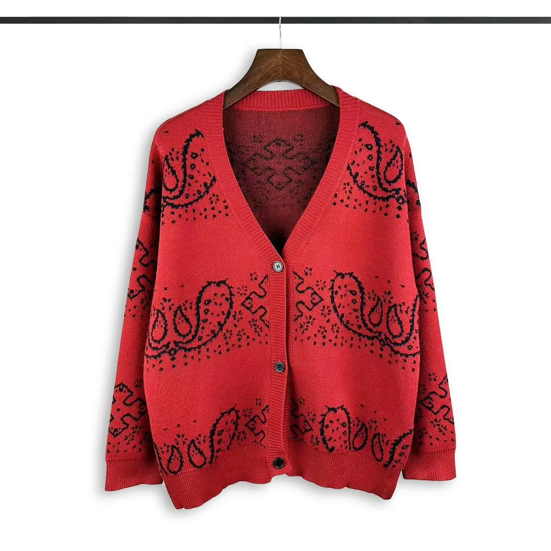 P370 Rhude beautiful cashew flower jacquard cardigan sweater Color: yellow red Size: M L XL XXL