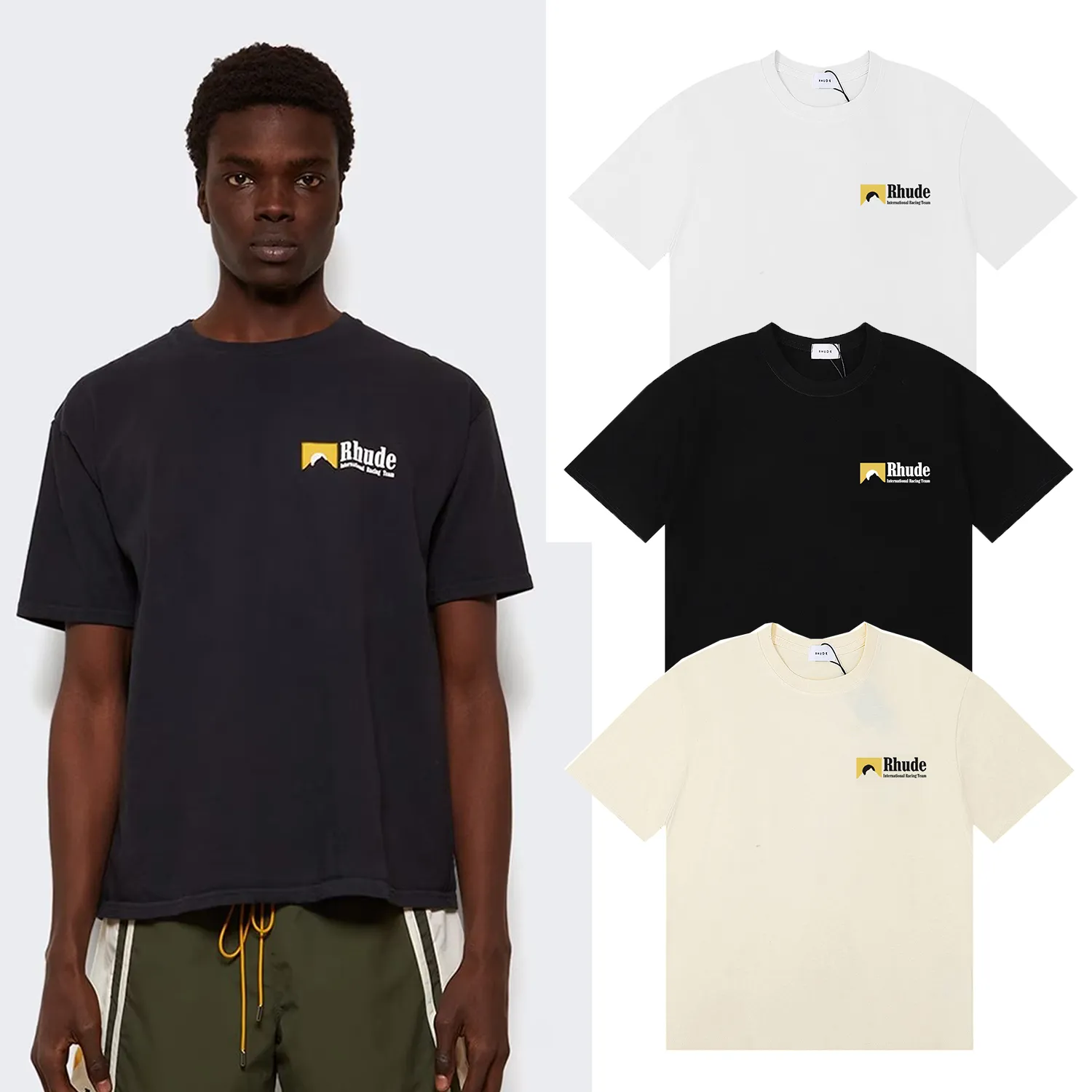 P114 No. 50179, beautiful Rhude International Racing Team small label simple and versatile pure cotton short-sleeved T-shirt Color: black, white, apricot; Size: S M L XL