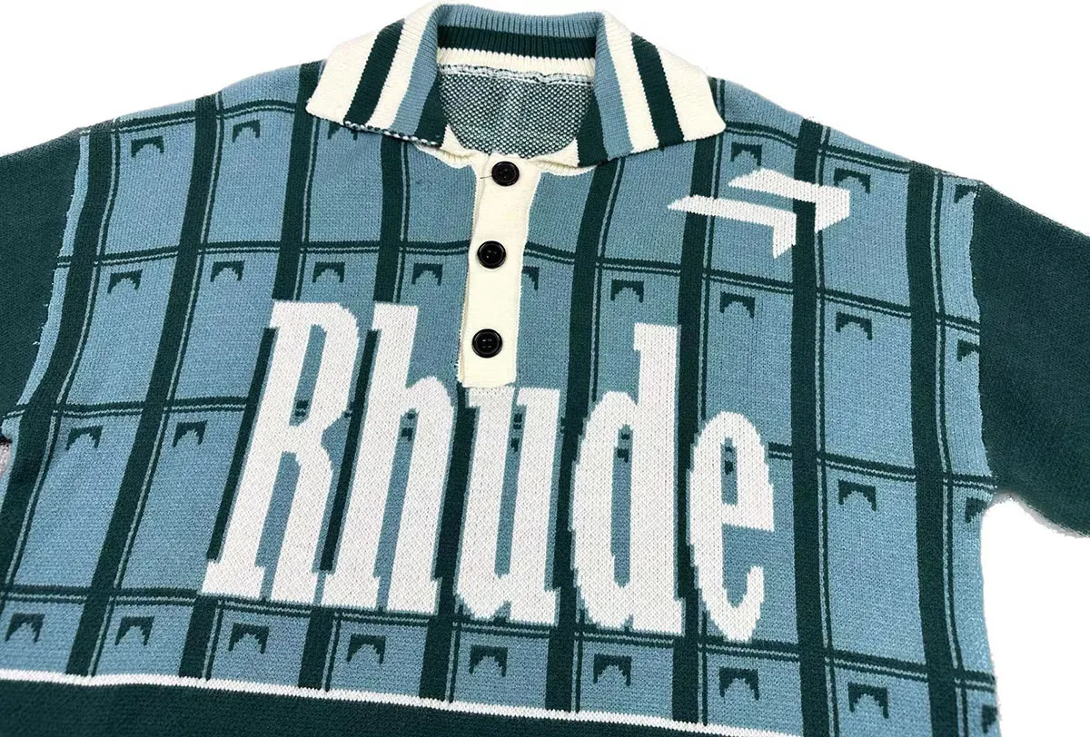 P300 Rhude new polo collar letter jacquard sweater Size: M L XL XXL