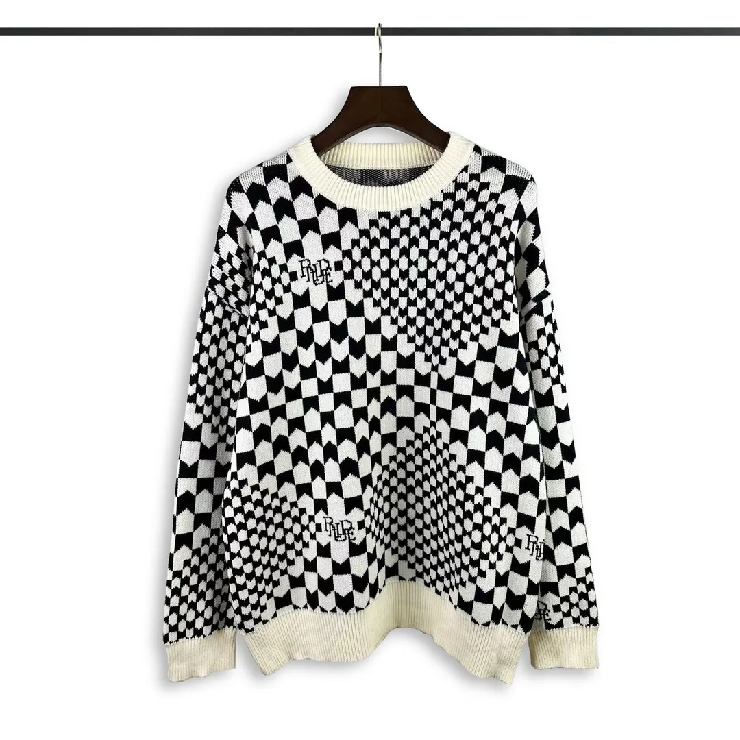 P250 Rhude new all-over black and white small plaid jacquard sweater Size: M L XL XXL