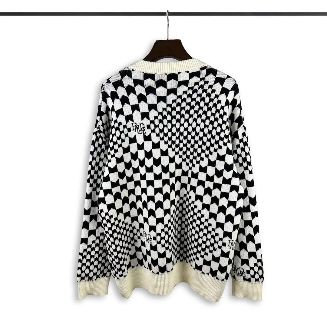 P250 Rhude new all-over black and white small plaid jacquard sweater Size: M L XL XXL