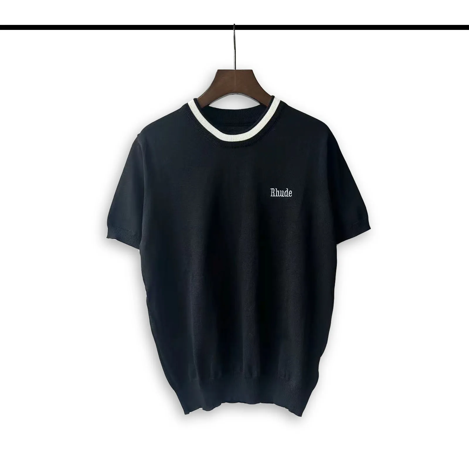 P190 Rhude 24 spring and summer new classic round neck letter embroidered knitted short sleeves Color: White Black Size: M L XL XXL