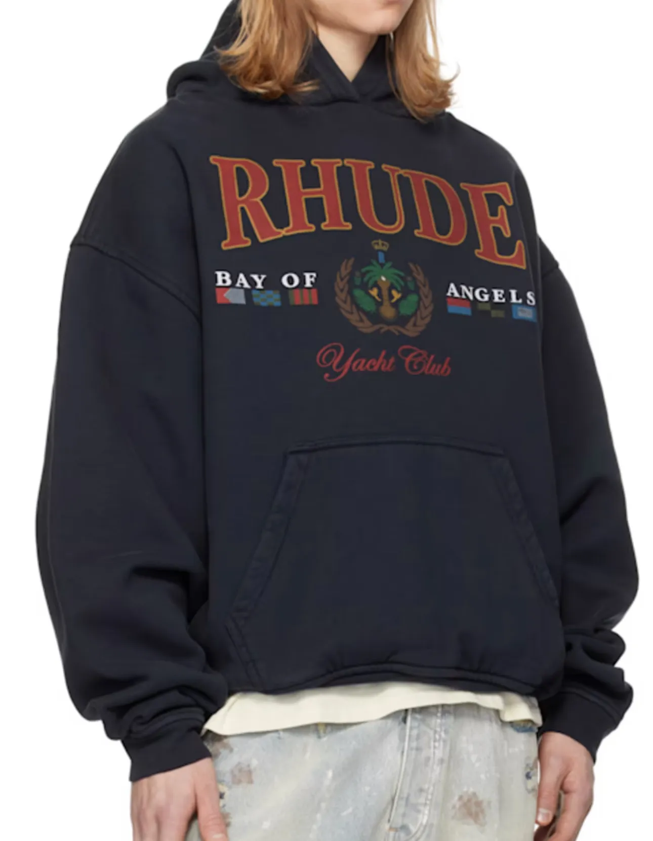Style No.: 8890 P260 RHUDE New American high street loose washed hooded sweatshirt for men and women Multi-color glue printing technology + Made of pure cotton washed terry brushed fabric 450g Heavy upper body three-dimensional fluffy Size: (S-M-L-XL) Color: Washed navy blue