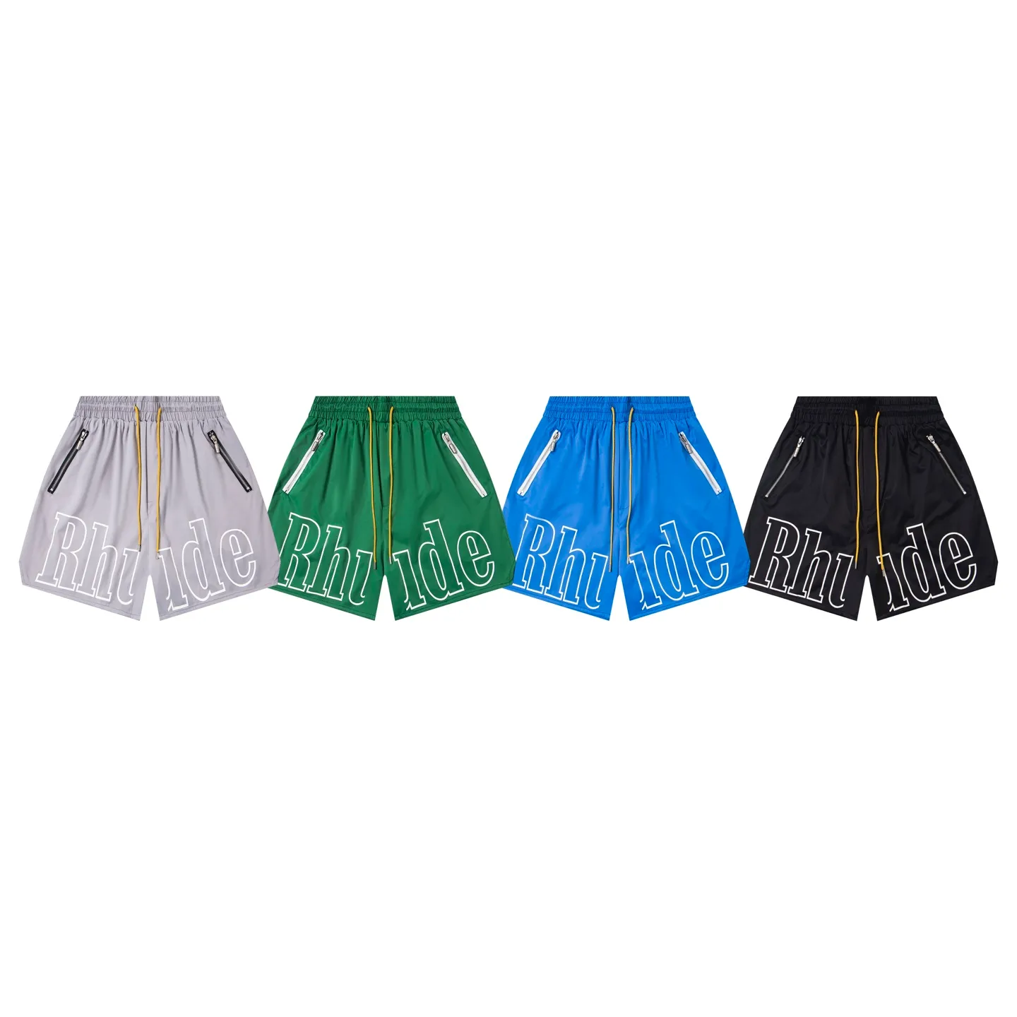 808#P160 Rhude American trendy brand quick-drying beach pants with elastic waist heavy-duty zipper shorts letter print trendy inner mesh men's loose sports pants Color: Black Gray Green Blue Fabric: 150g nylon 100% polyester Size: S M L XL