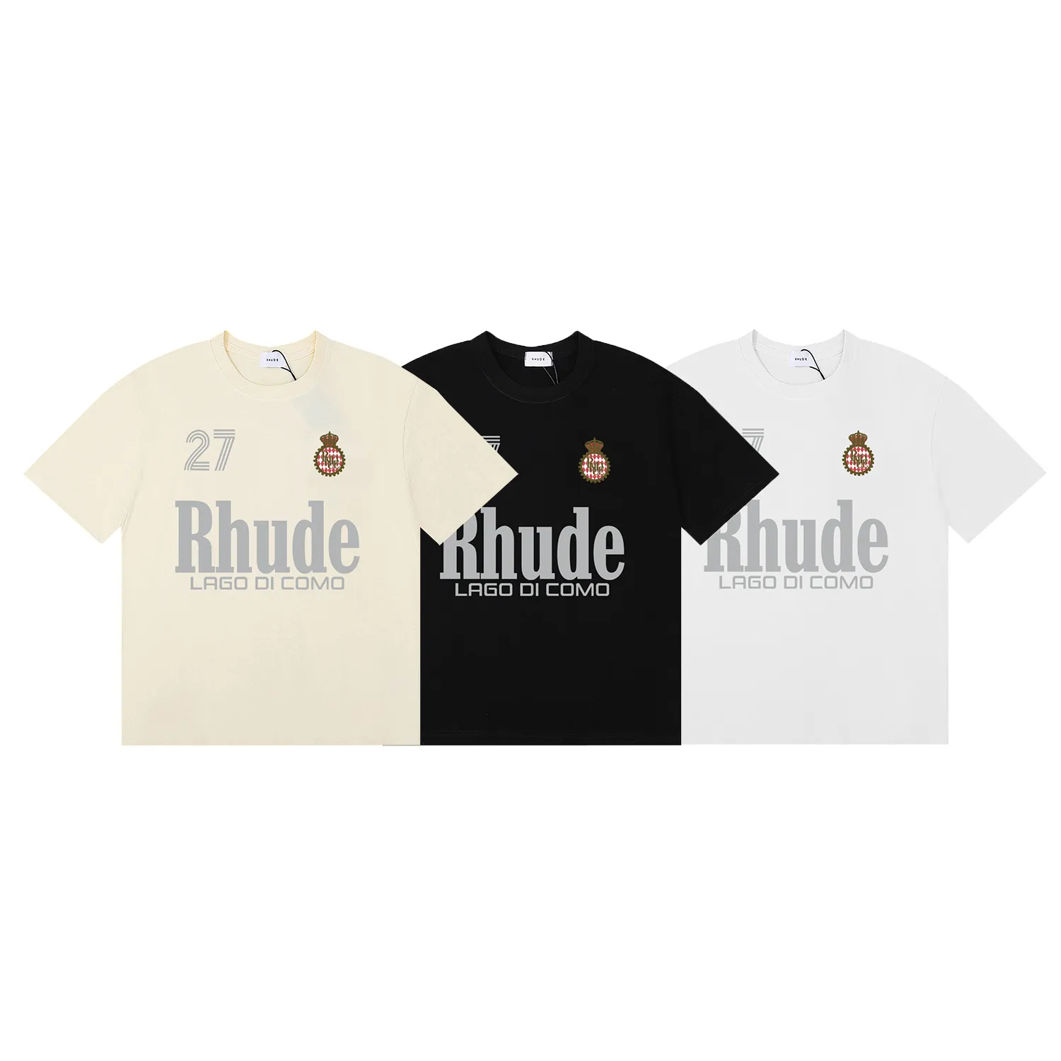 P114 No. 50180, beautiful Rhude LAGO DI COMO Lake Como printed high-quality double yarn pure cotton casual short-sleeved T-shirt Color: black, white, apricot; Size: S M L XL