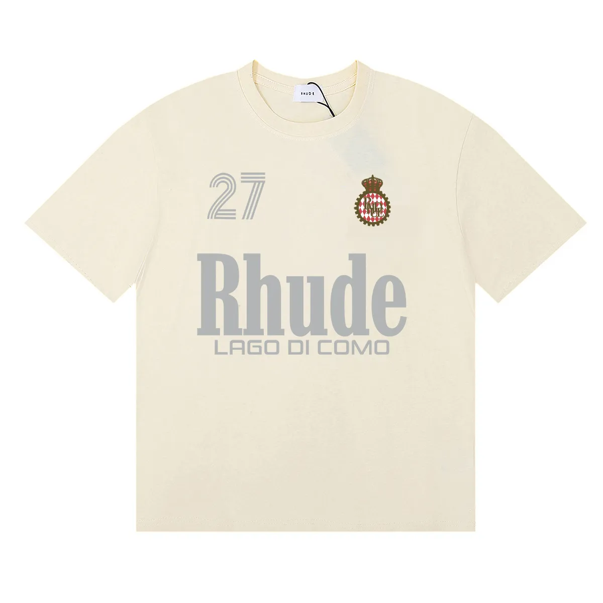 P114 No. 50180, beautiful Rhude LAGO DI COMO Lake Como printed high-quality double yarn pure cotton casual short-sleeved T-shirt Color: black, white, apricot; Size: S M L XL